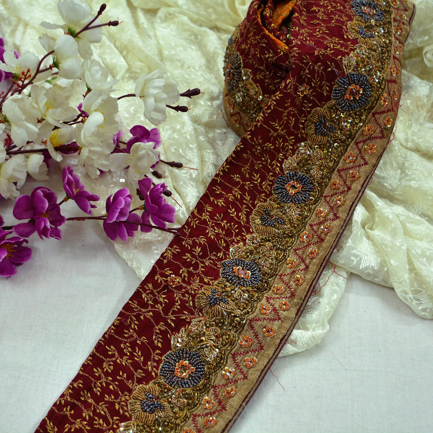 Indian Vintage Maroon & Orange Sari Border Hand Embroidered Indian Craft Trim Lace Sewing Sari Ribbon Pure Crepe silk Zardozi/Dabka Zari