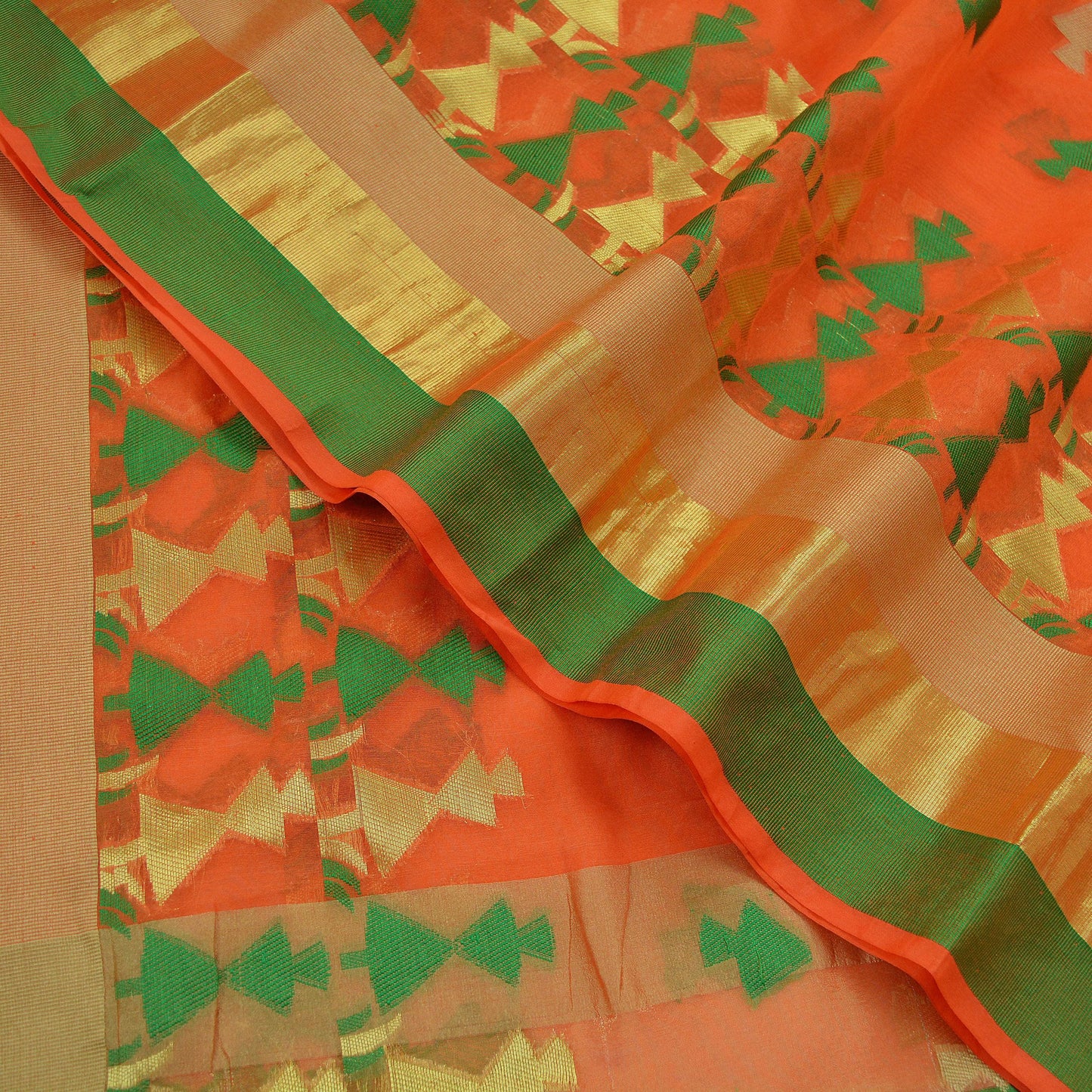 Indian Vintage Sari Orange Hand Woven Saree Organza Craft Fabric 6Yd Ethnic Sewing Geometric Zari Crafting Quilting Upcycle Dress making