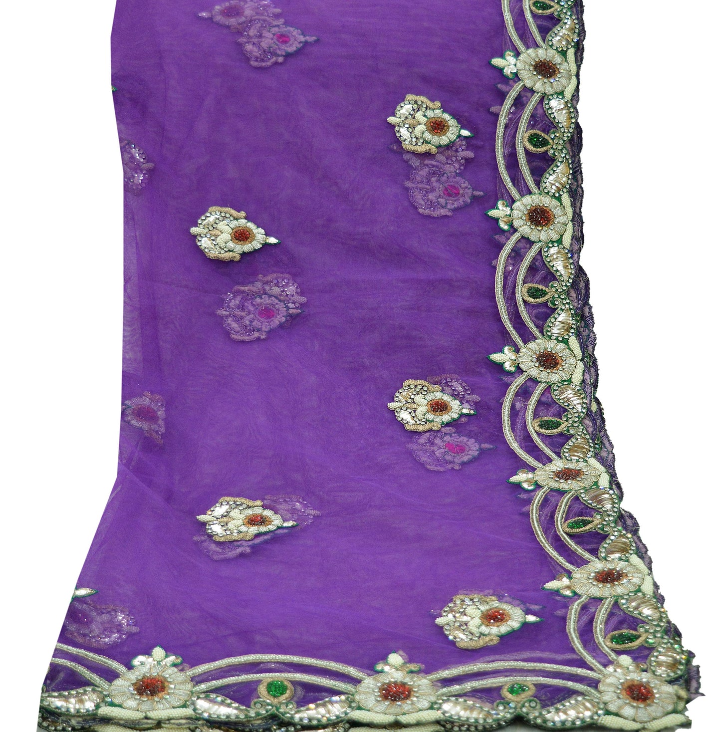 Indian Vintage Heavy Purple Dupatta Net Mesh Long Stole Hand Embroidered Scarf Purple Zardozi Zari Sequins Wedding Veil Hijab