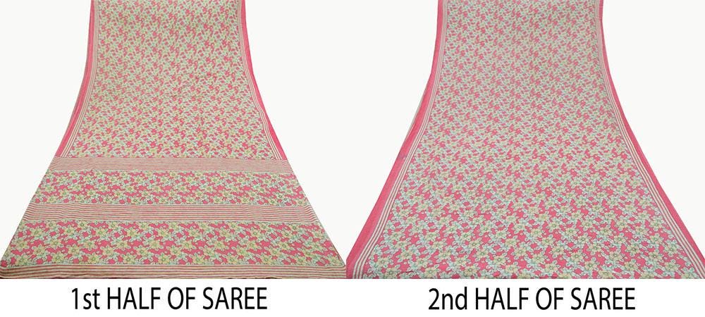 Indian Vintage Sari Ivory & Pink Printed Pure Cotton Saree Craft Fabric 5Yd Soft Sewing Sarong Wrap Boho Floral Dress making Crafting