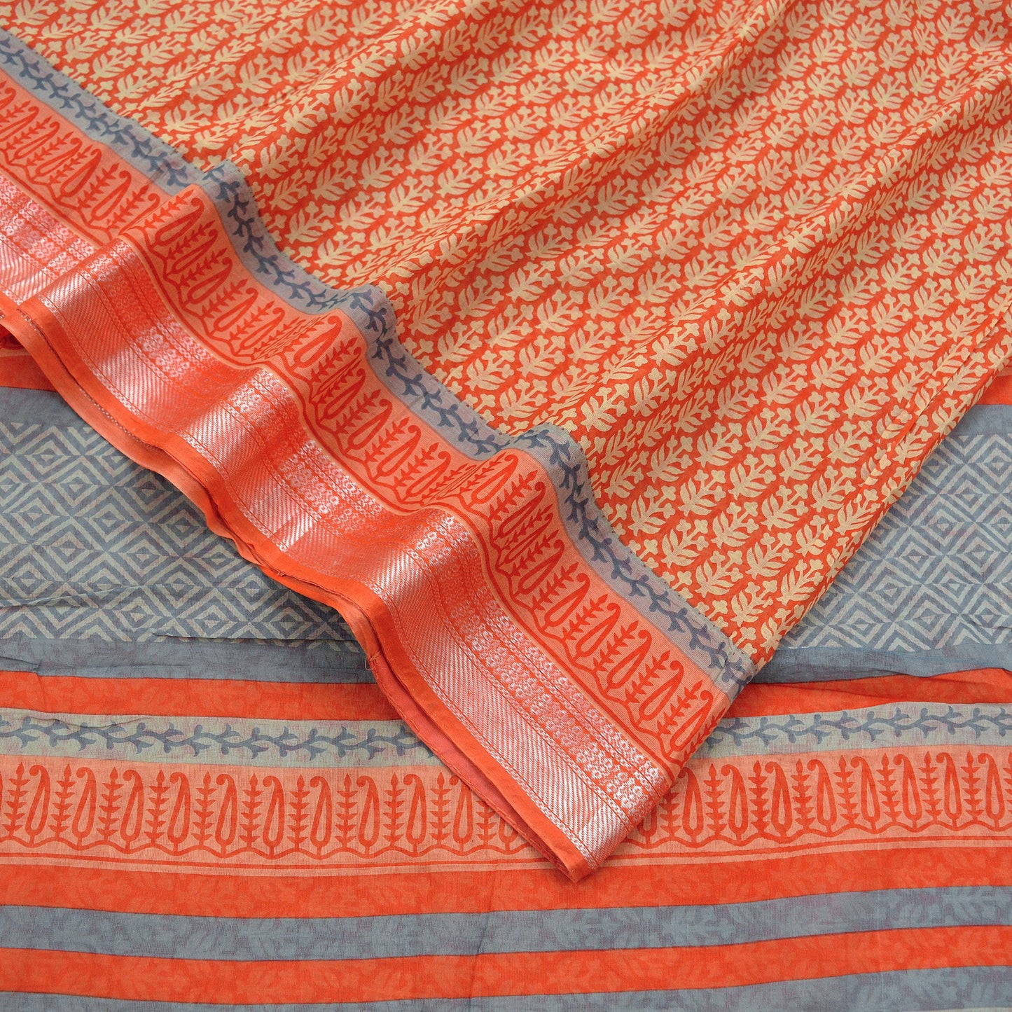Indian Vintage Sari Ivory & orange Pure Chanderi Cotton Hand Block Printed Sarees 5Yd Craft Fabric Soft Sewing Sarong Dress Making Quilting