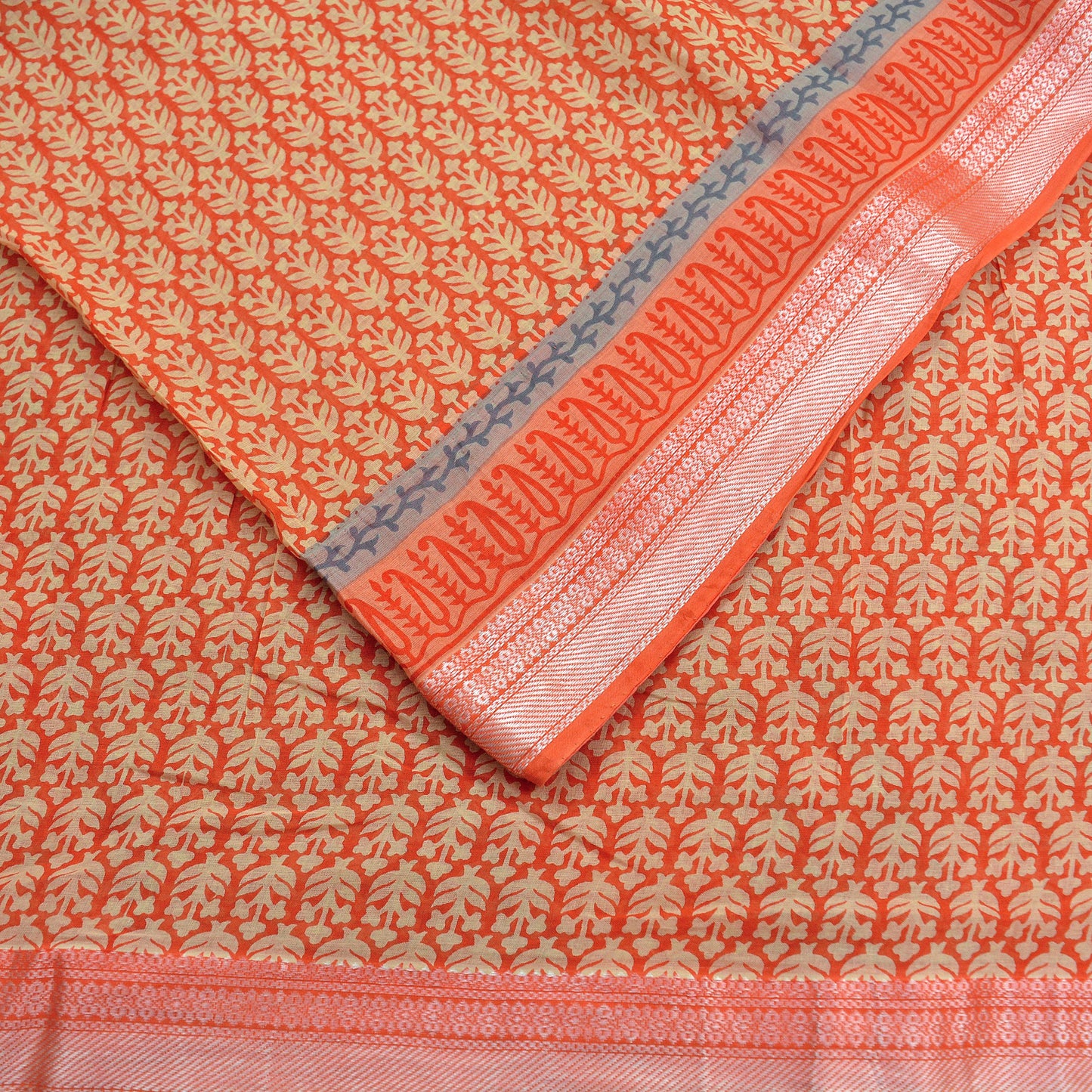 Indian Vintage Sari Ivory & orange Pure Chanderi Cotton Hand Block Printed Sarees 5Yd Craft Fabric Soft Sewing Sarong Dress Making Quilting