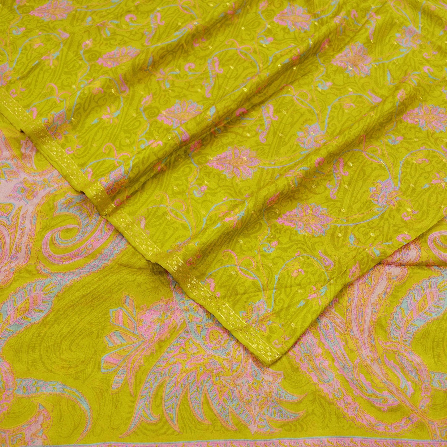 Indian Vintage Sari Green Pure Silk Printed Saree 5yd Sewing Craft Fabric Dress Making Soft Wrap Upcycle Used Quilting Crafting Zari Border