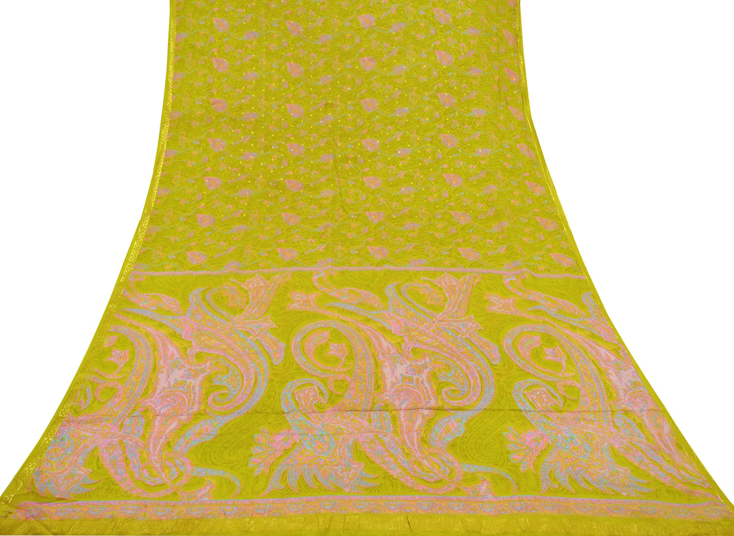 Indian Vintage Sari Green Pure Silk Printed Saree 5yd Sewing Craft Fabric Dress Making Soft Wrap Upcycle Used Quilting Crafting Zari Border