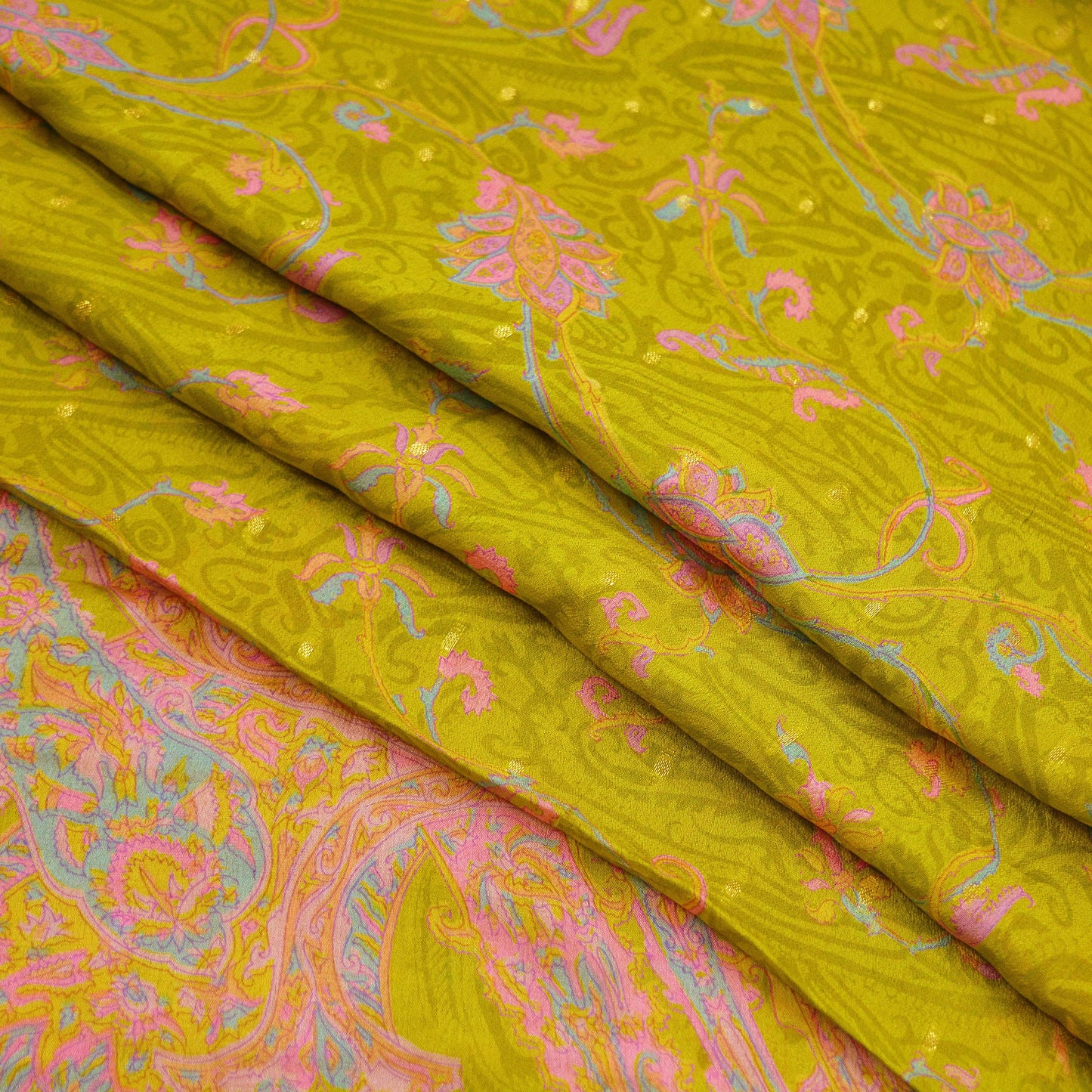 Indian Vintage Sari Green Pure Silk Printed Saree 5yd Sewing Craft Fabric Dress Making Soft Wrap Upcycle Used Quilting Crafting Zari Border