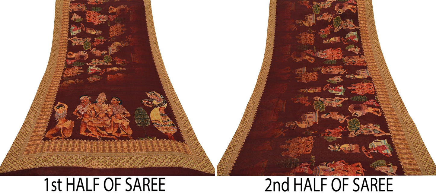 Vintage Sari Maroon Blend Georgette Digital Printed Sarees Sewing 5yd Soft Craft Fabric Humans Crafting Dress Making Quilting Crafting Used