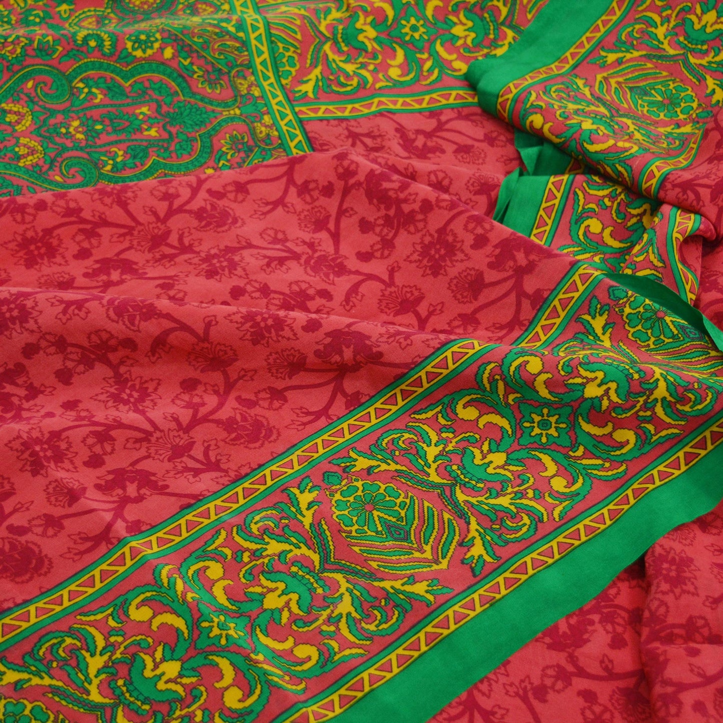EXCELLENT QUALITY Indian Vintage Orange & Green Saree Pure Crepe Silk Printed Sari 5yd Sewing Floral Soft Craft Fabric Wrap Dress Making
