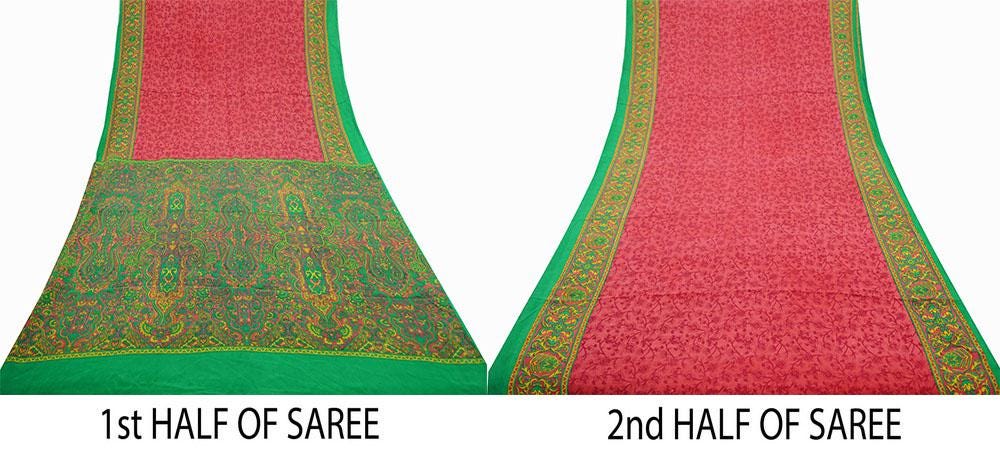 EXCELLENT QUALITY Indian Vintage Orange & Green Saree Pure Crepe Silk Printed Sari 5yd Sewing Floral Soft Craft Fabric Wrap Dress Making