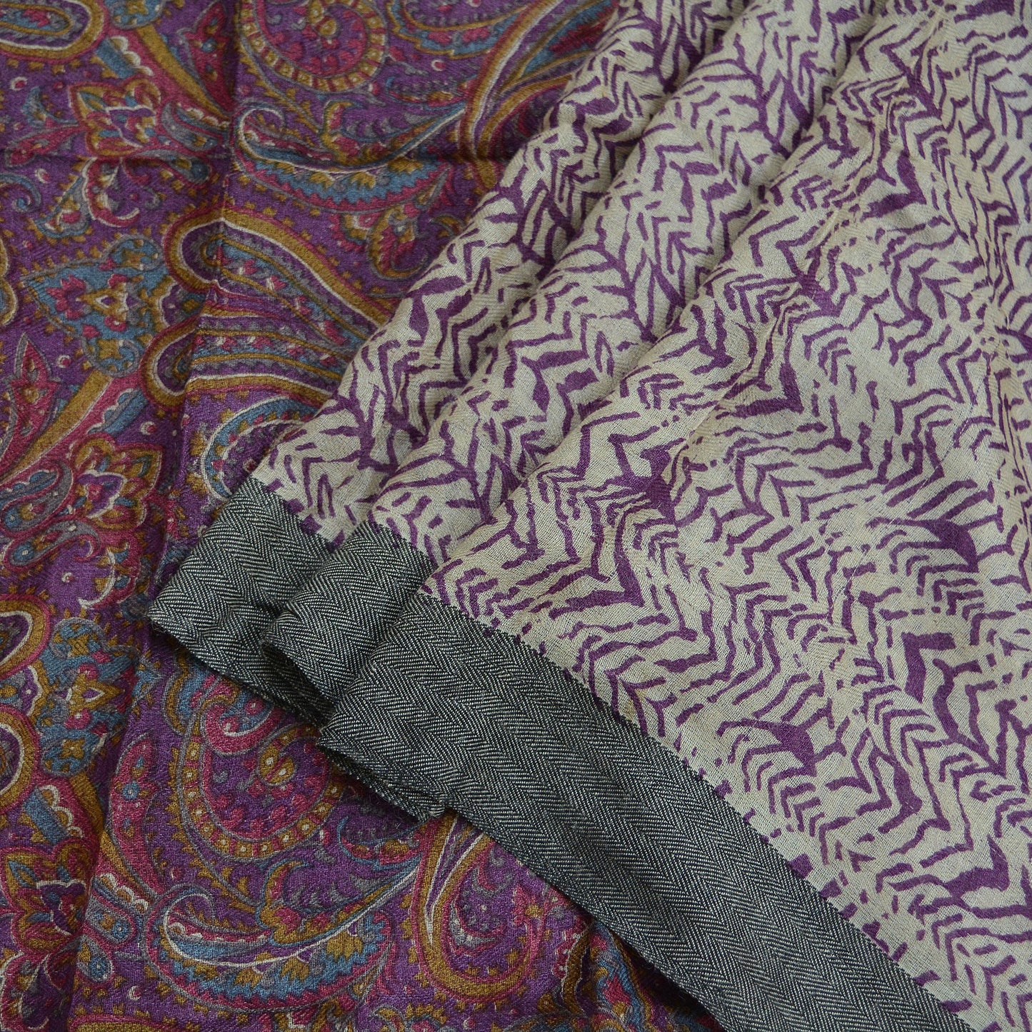 Vintage Ivory & Purple Long Stole Pure Woolen Scarf Printed Dupatta Infinity Scarves Sarong Wrap Veil Woman Hijab Shawl Fabric