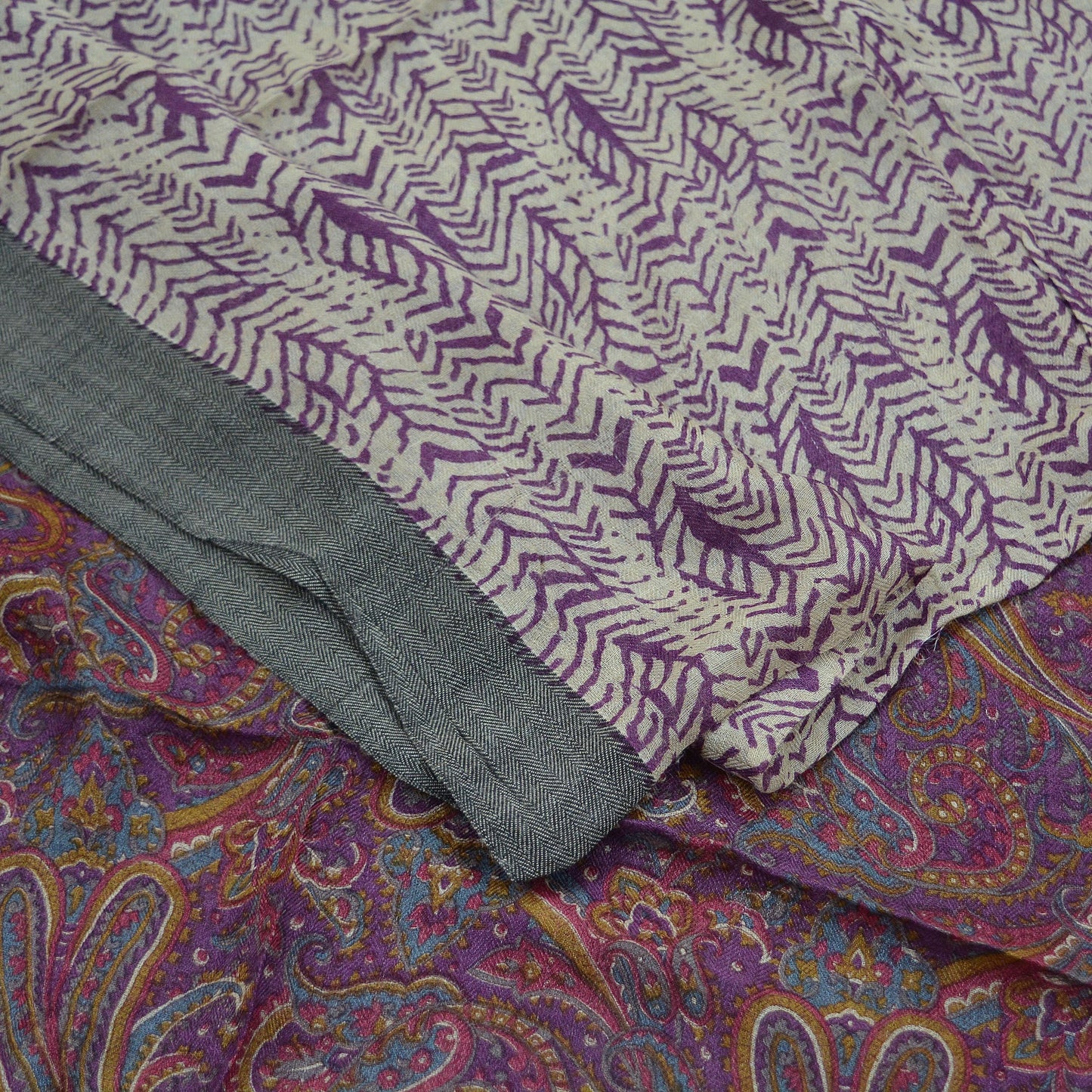 Vintage Ivory & Purple Long Stole Pure Woolen Scarf Printed Dupatta Infinity Scarves Sarong Wrap Veil Woman Hijab Shawl Fabric
