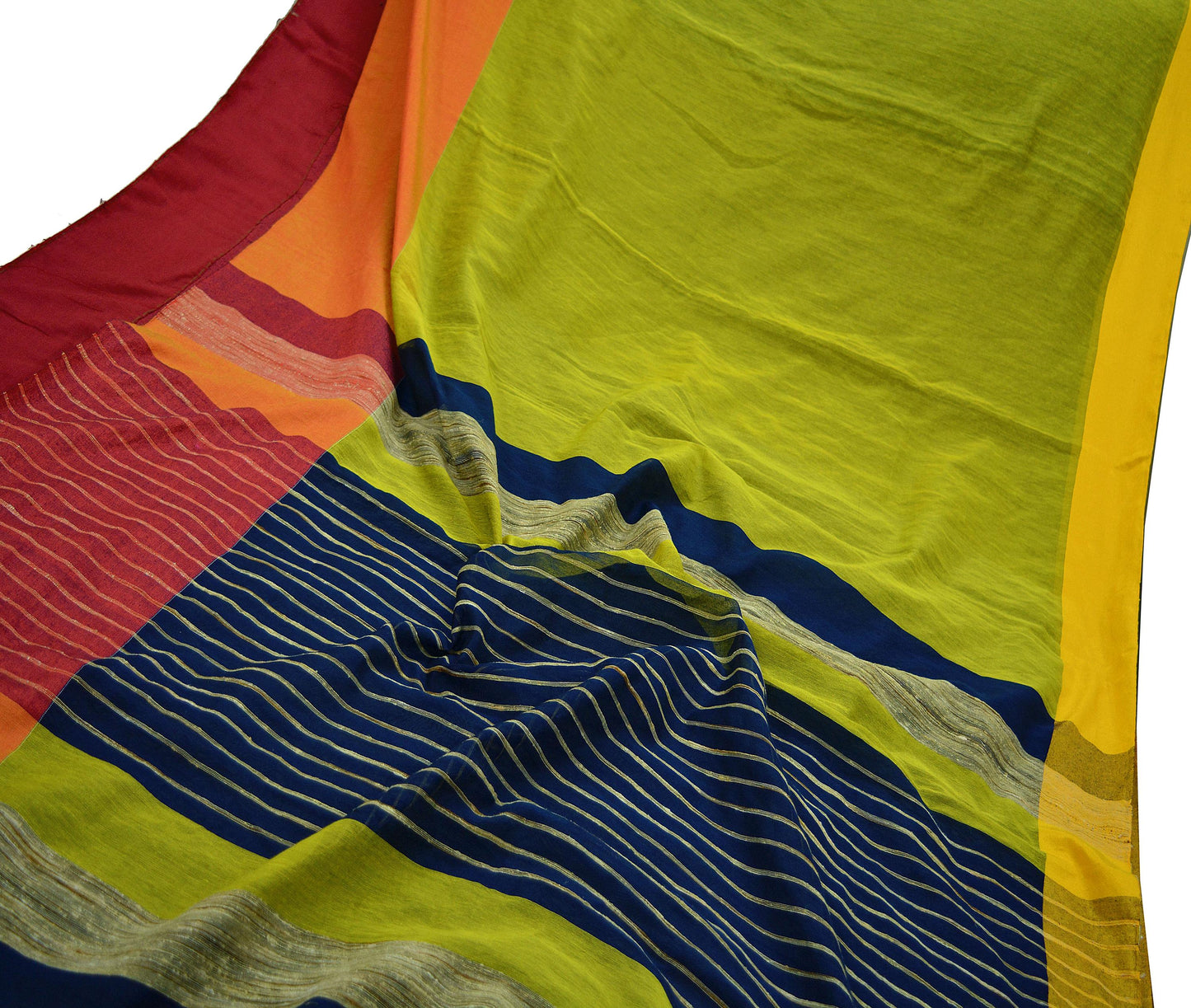 Indian Vintage Sari neon Green & Blue Cotton Hand Woven Sarees Craft Fabric 5Yd Floral Soft Dress making Quilting Crafting Upcycle Fringes