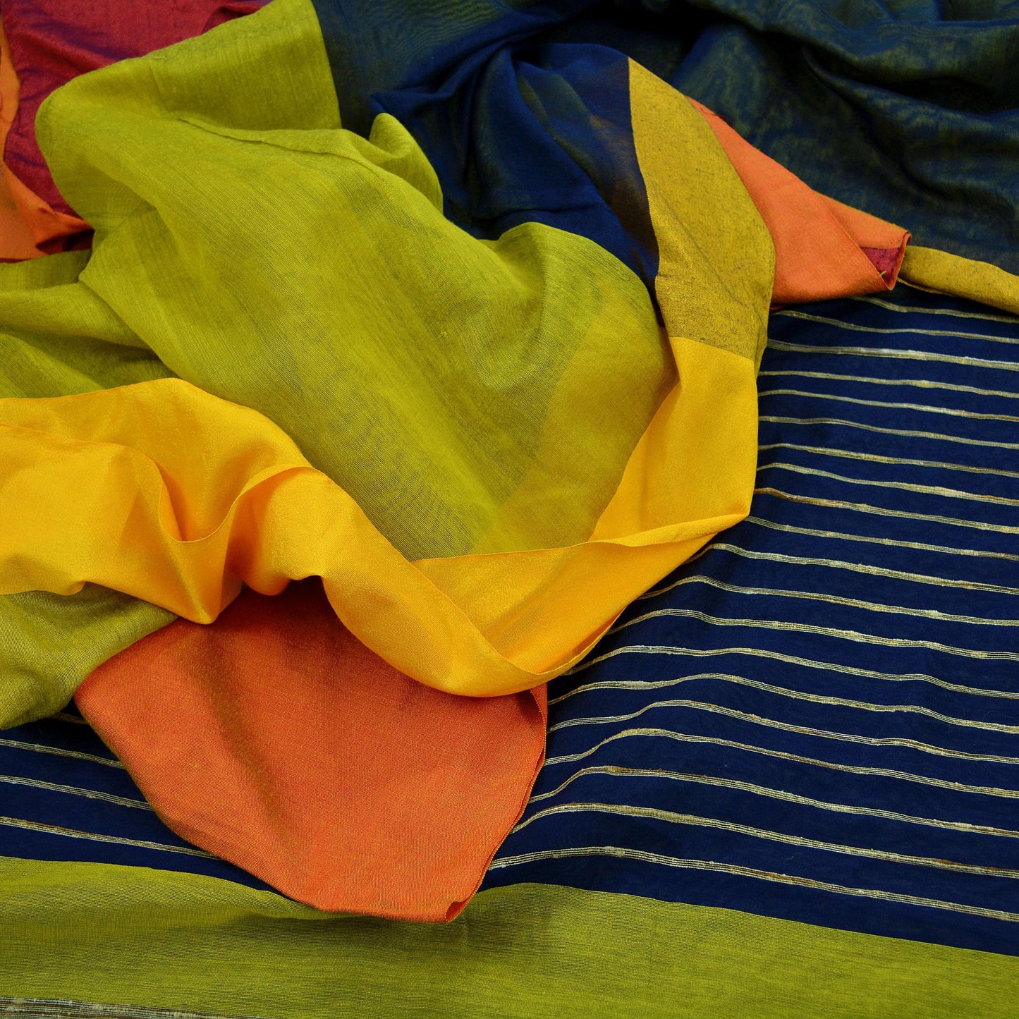 Indian Vintage Sari neon Green & Blue Cotton Hand Woven Sarees Craft Fabric 5Yd Floral Soft Dress making Quilting Crafting Upcycle Fringes