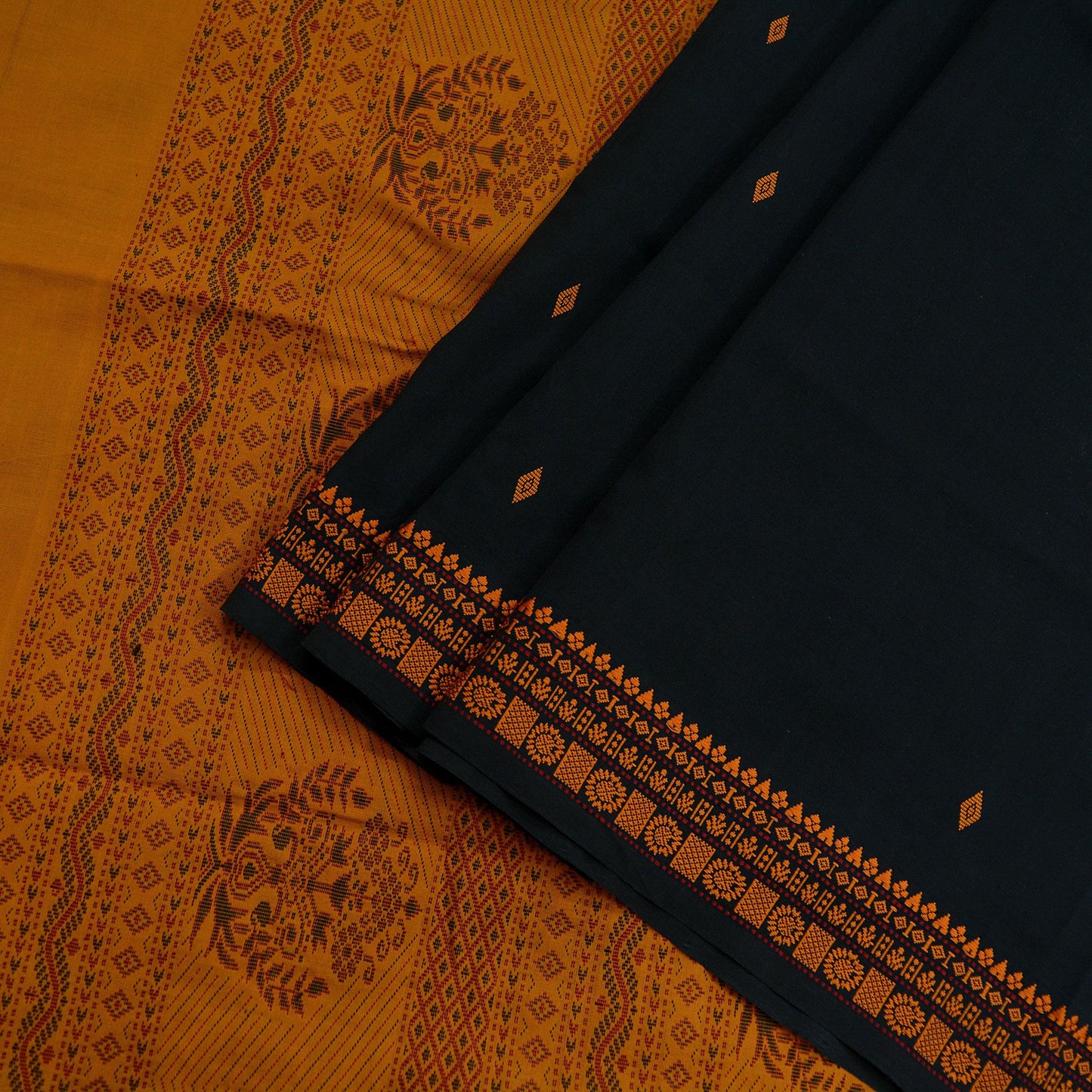 Indian Vintage Sari Mustard & Black Pure Cotton Hand Woven Baluchari Saree Craft Fabric 5yd Ethnic Humans Fringes Crafting Upcycle Quilting