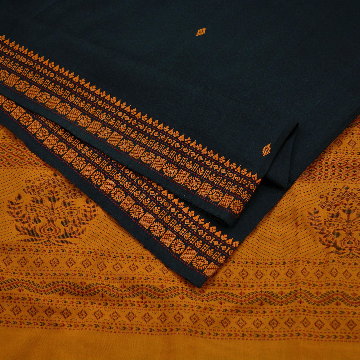 Indian Vintage Sari Mustard & Black Pure Cotton Hand Woven Baluchari Saree Craft Fabric 5yd Ethnic Humans Fringes Crafting Upcycle Quilting