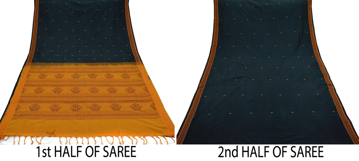 Indian Vintage Sari Mustard & Black Pure Cotton Hand Woven Baluchari Saree Craft Fabric 5yd Ethnic Humans Fringes Crafting Upcycle Quilting