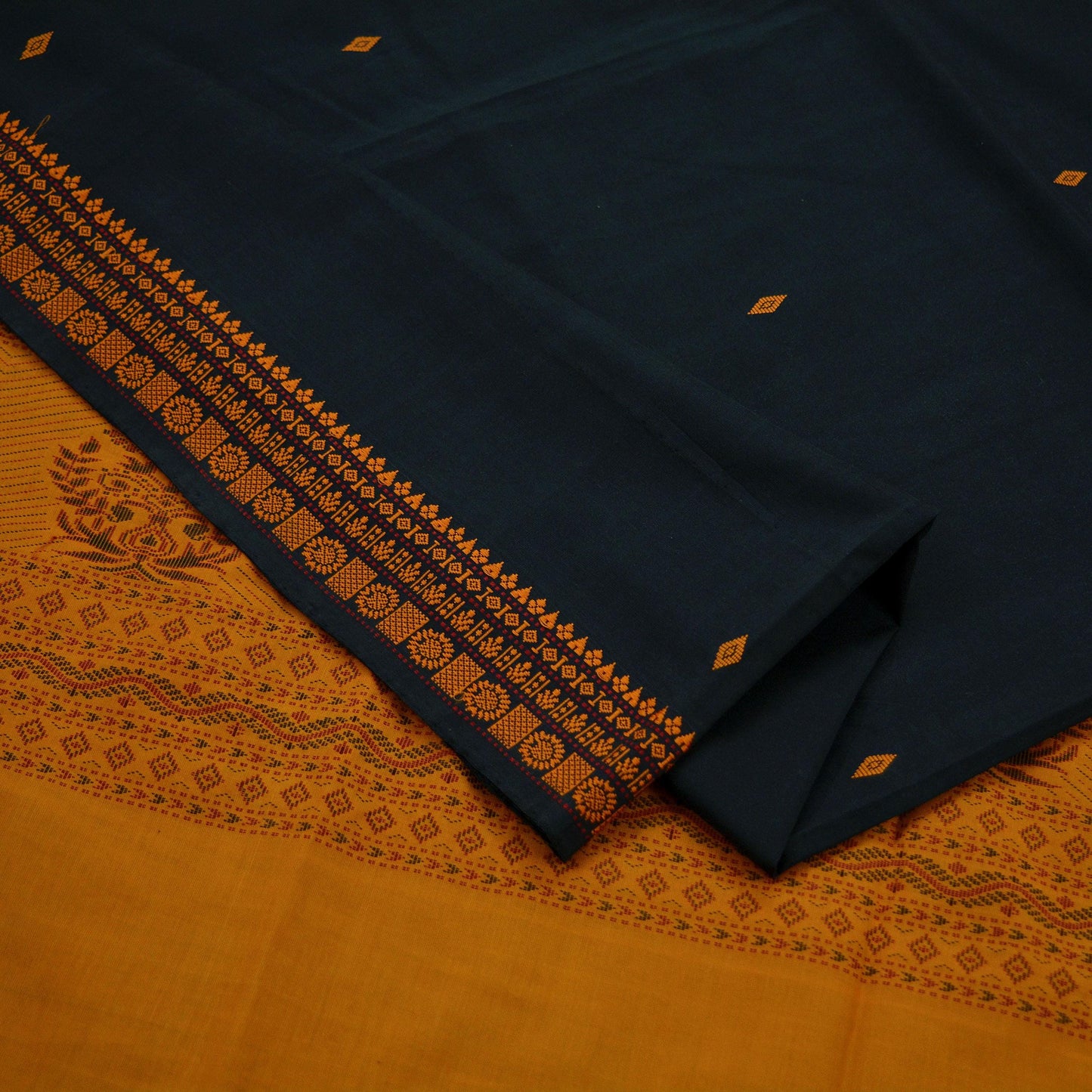 Indian Vintage Sari Mustard & Black Pure Cotton Hand Woven Baluchari Saree Craft Fabric 5yd Ethnic Humans Fringes Crafting Upcycle Quilting