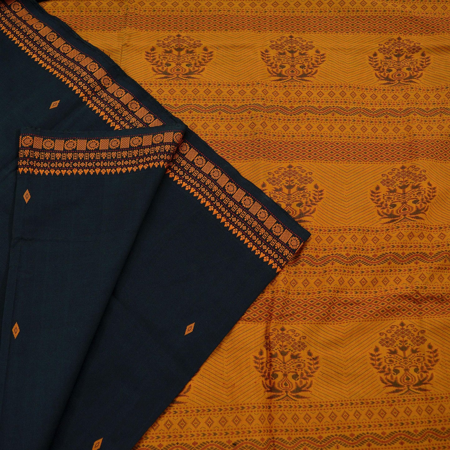 Indian Vintage Sari Mustard & Black Pure Cotton Hand Woven Baluchari Saree Craft Fabric 5yd Ethnic Humans Fringes Crafting Upcycle Quilting