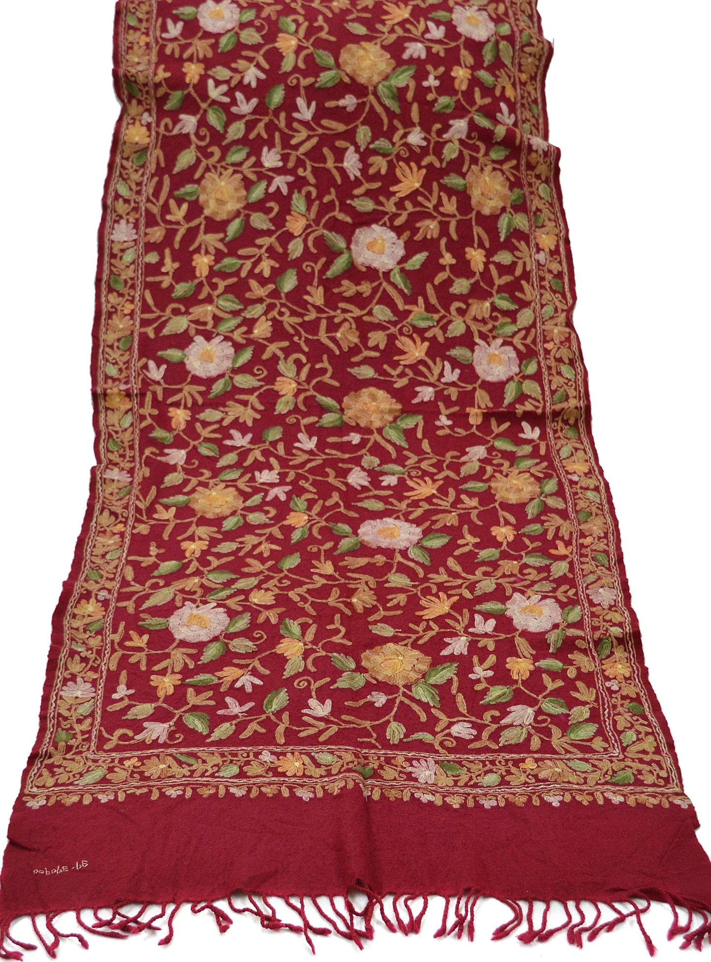 Indian Vintage Red Pure Woolen Shawl Handmade Ari work Long Throw Stole Warm Floral Design Upcycle Crafting Used For her Soft Cozy