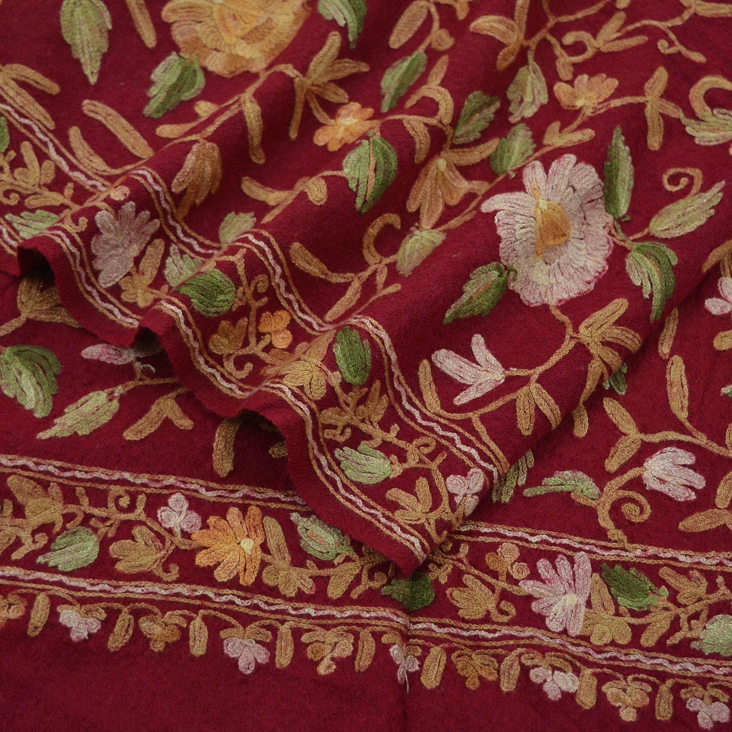 Indian Vintage Red Pure Woolen Shawl Handmade Ari work Long Throw Stole Warm Floral Design Upcycle Crafting Used For her Soft Cozy