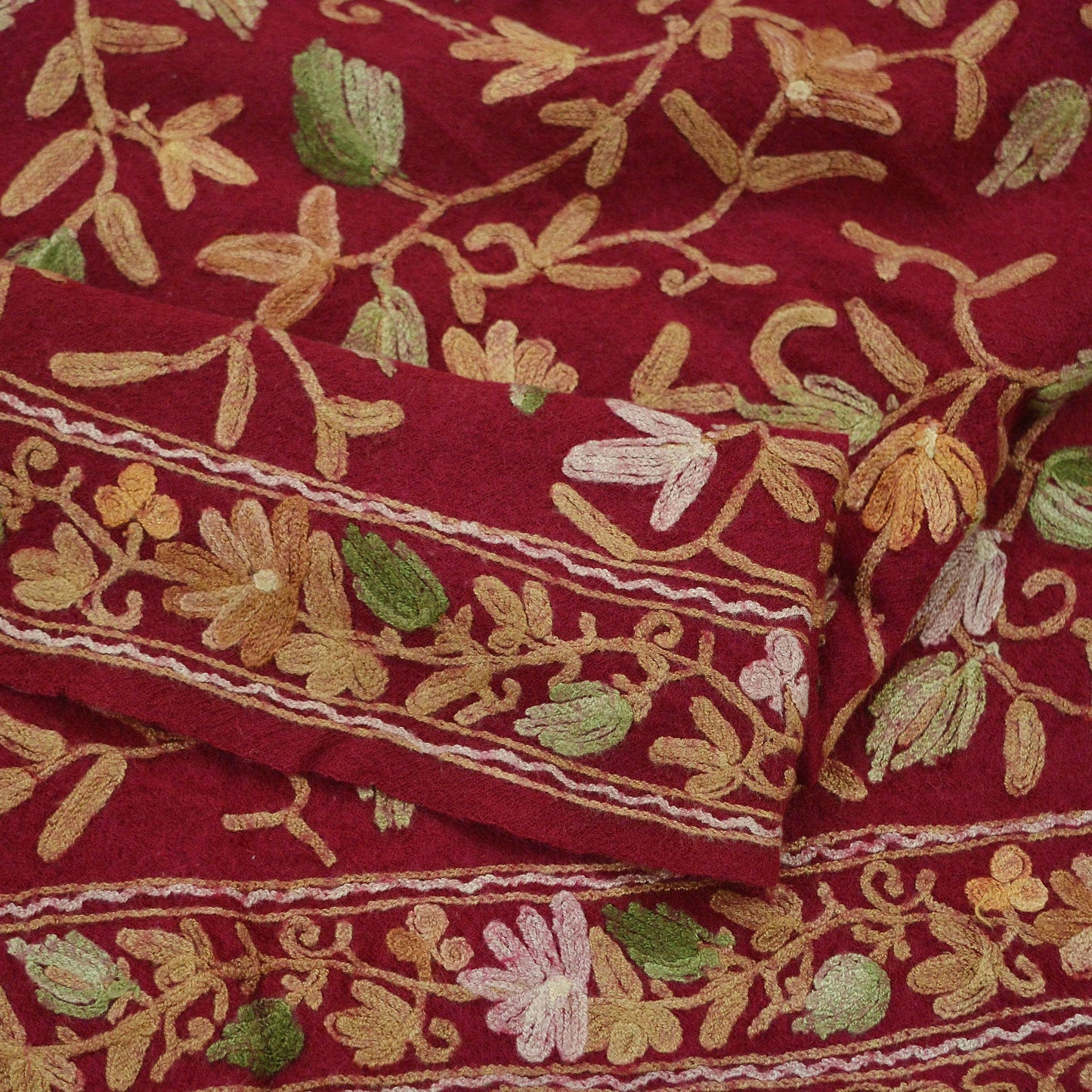 Indian Vintage Red Pure Woolen Shawl Handmade Ari work Long Throw Stole Warm Floral Design Upcycle Crafting Used For her Soft Cozy