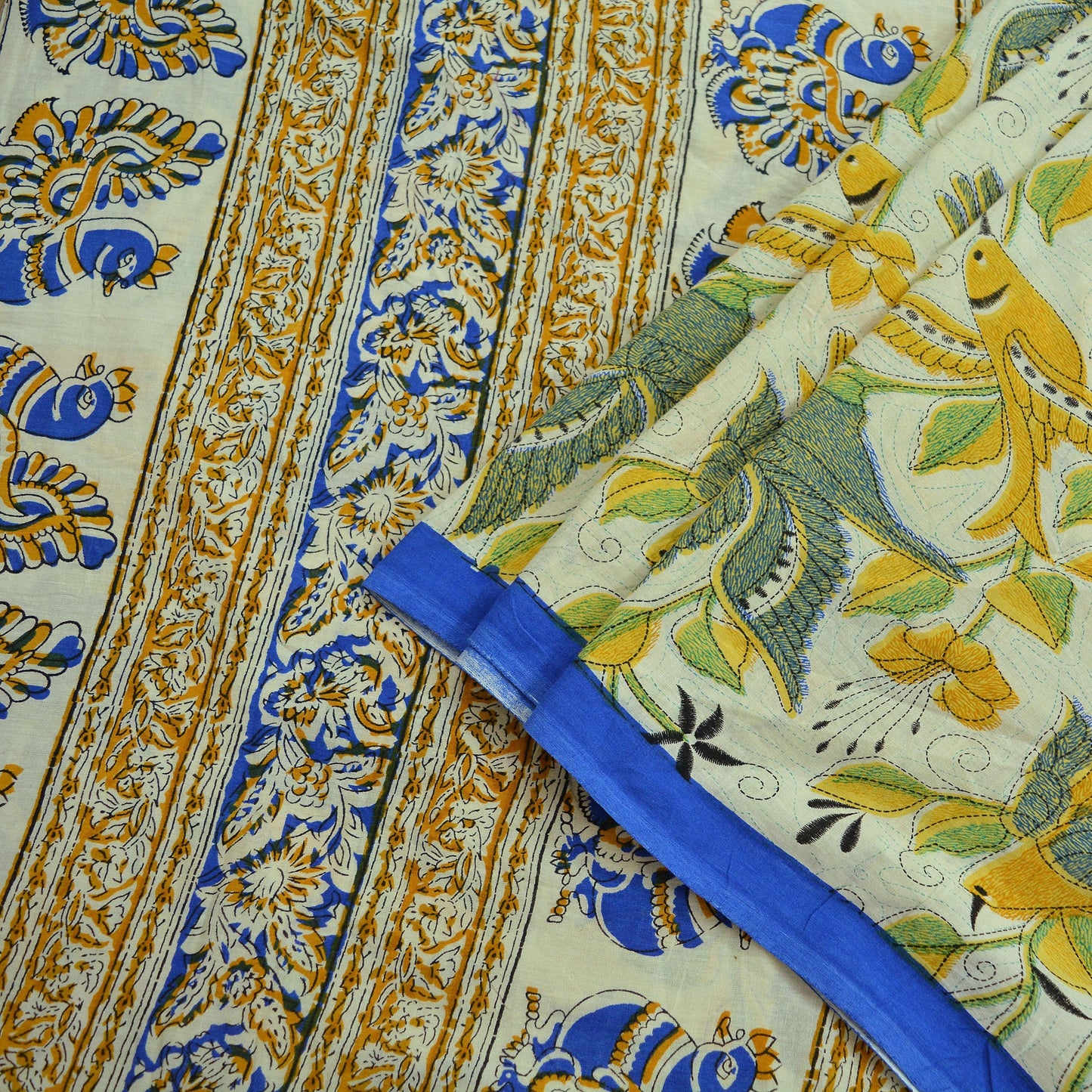 Indian Vintage Saree Ivory Block Printed Pure Cotton Sari Craft Fabric Soft 5Yd Sarong Wrap Peacock Floral Dress Making Quilting Crafting