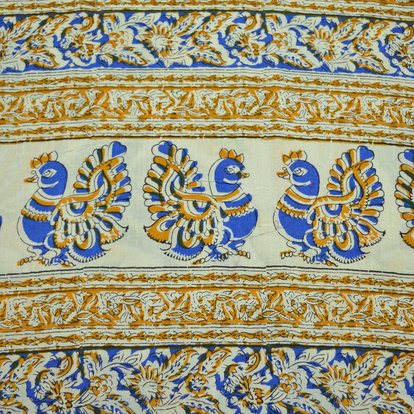 Indian Vintage Saree Ivory Block Printed Pure Cotton Sari Craft Fabric Soft 5Yd Sarong Wrap Peacock Floral Dress Making Quilting Crafting