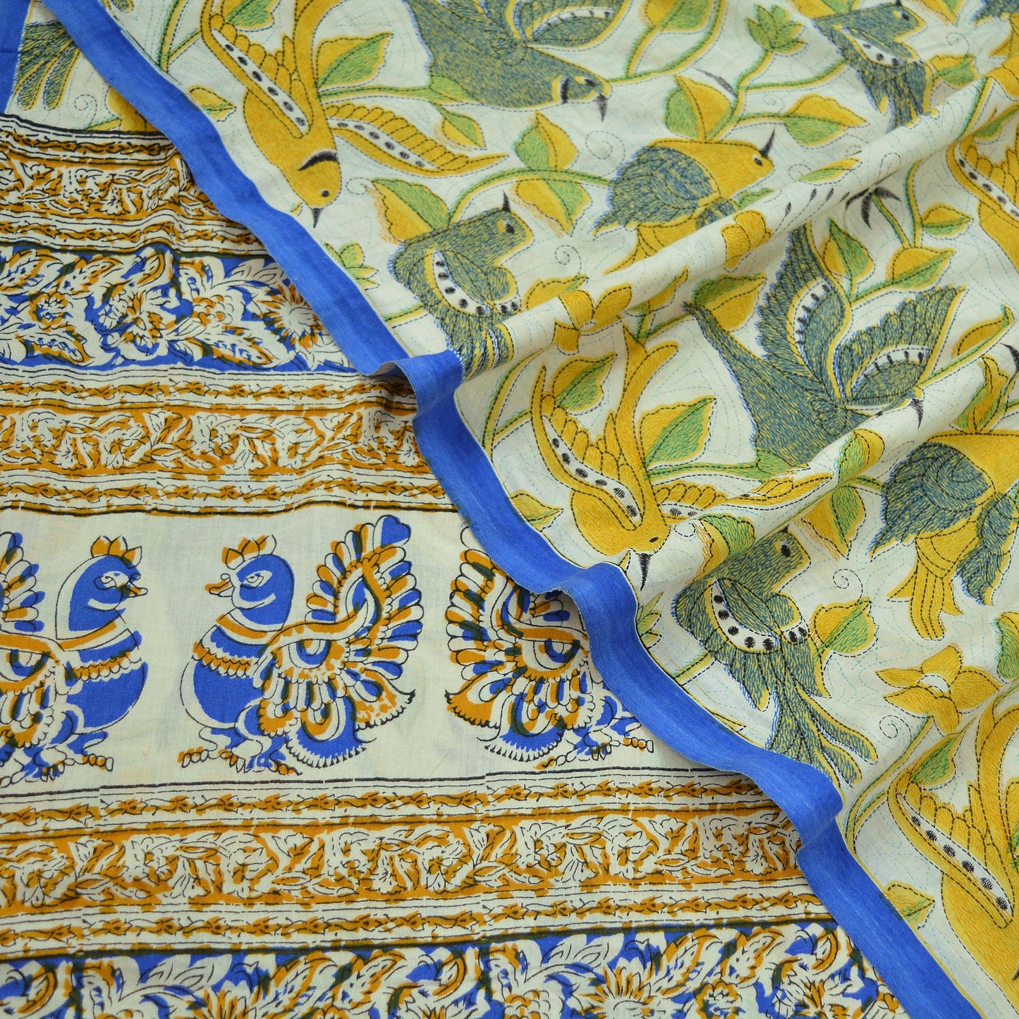 Indian Vintage Saree Ivory Block Printed Pure Cotton Sari Craft Fabric Soft 5Yd Sarong Wrap Peacock Floral Dress Making Quilting Crafting