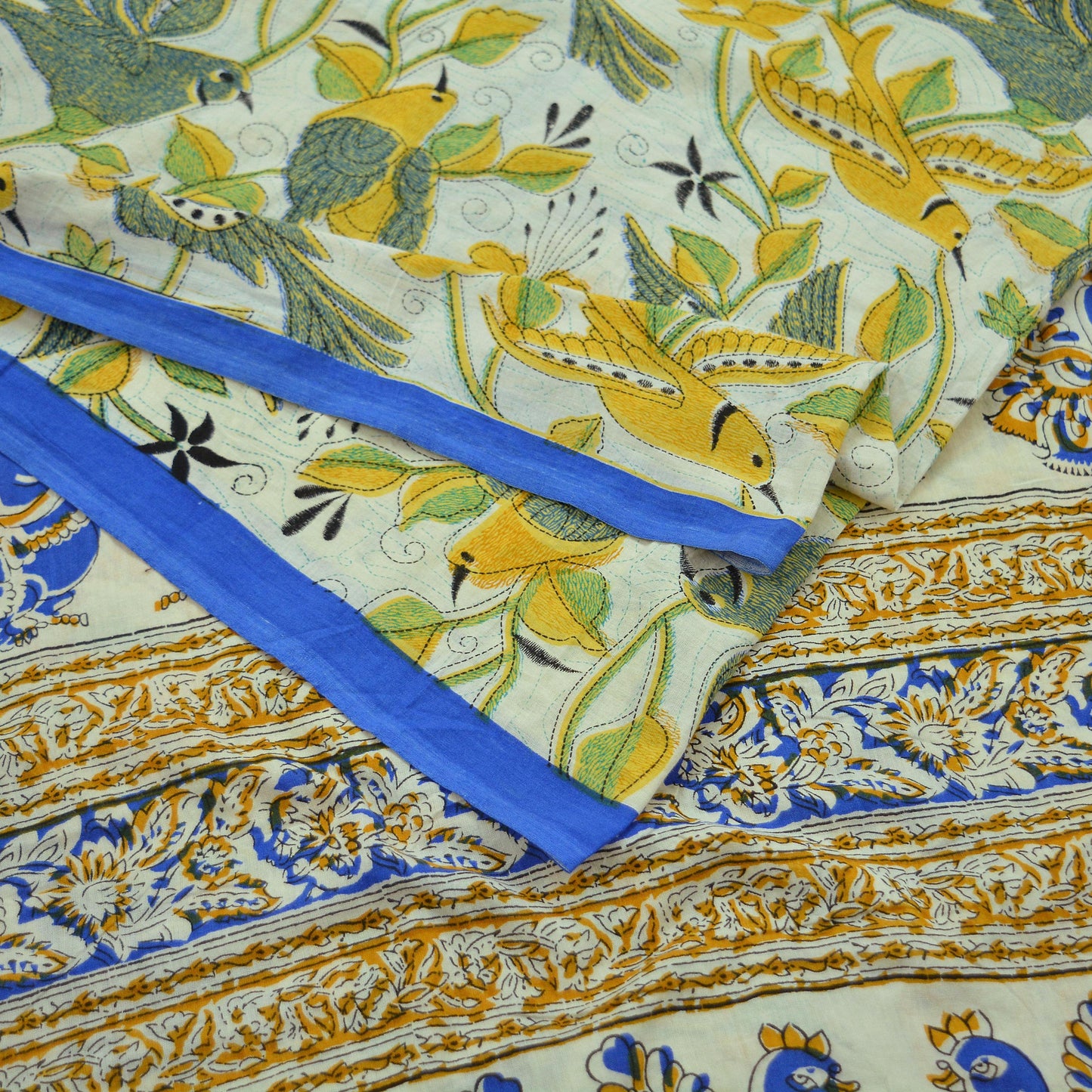 Indian Vintage Saree Ivory Block Printed Pure Cotton Sari Craft Fabric Soft 5Yd Sarong Wrap Peacock Floral Dress Making Quilting Crafting