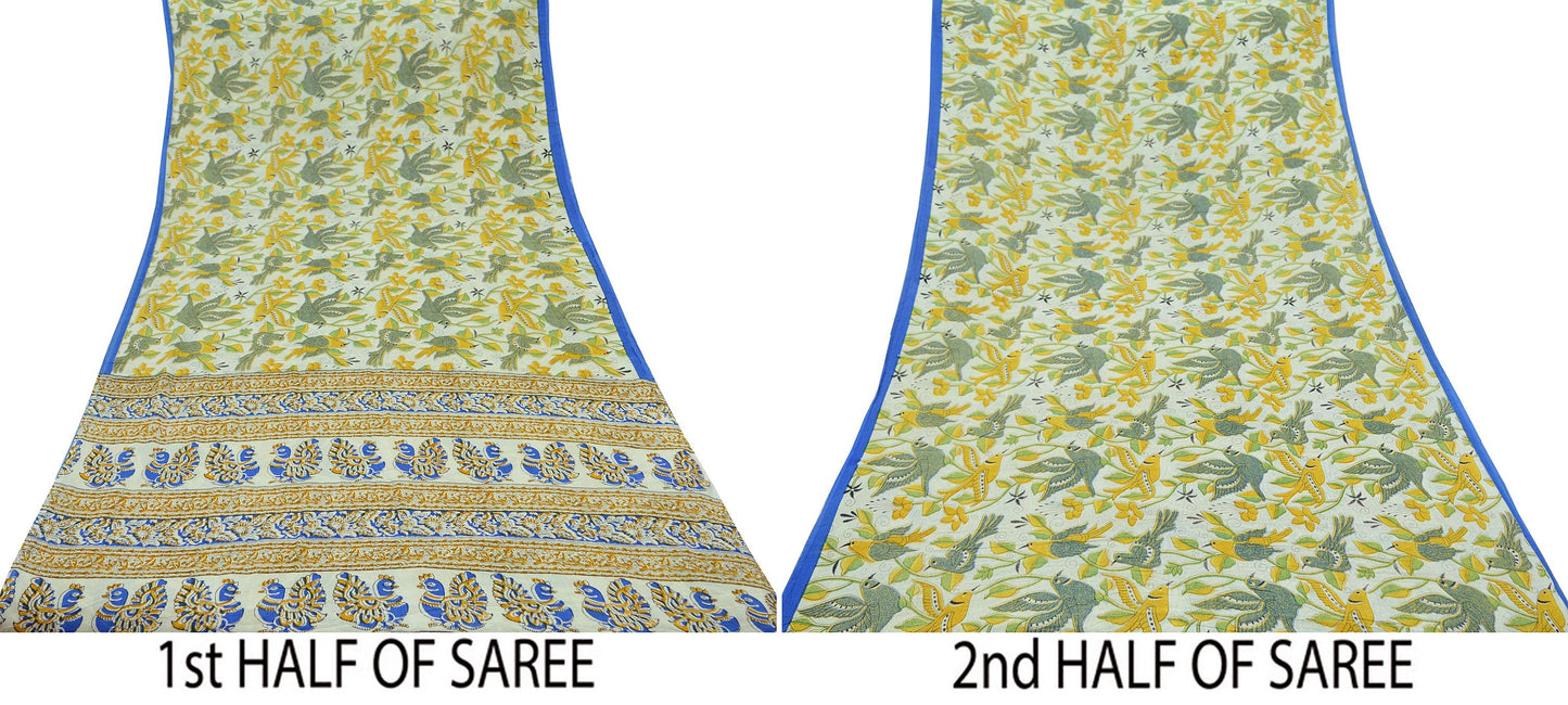 Indian Vintage Saree Ivory Block Printed Pure Cotton Sari Craft Fabric Soft 5Yd Sarong Wrap Peacock Floral Dress Making Quilting Crafting