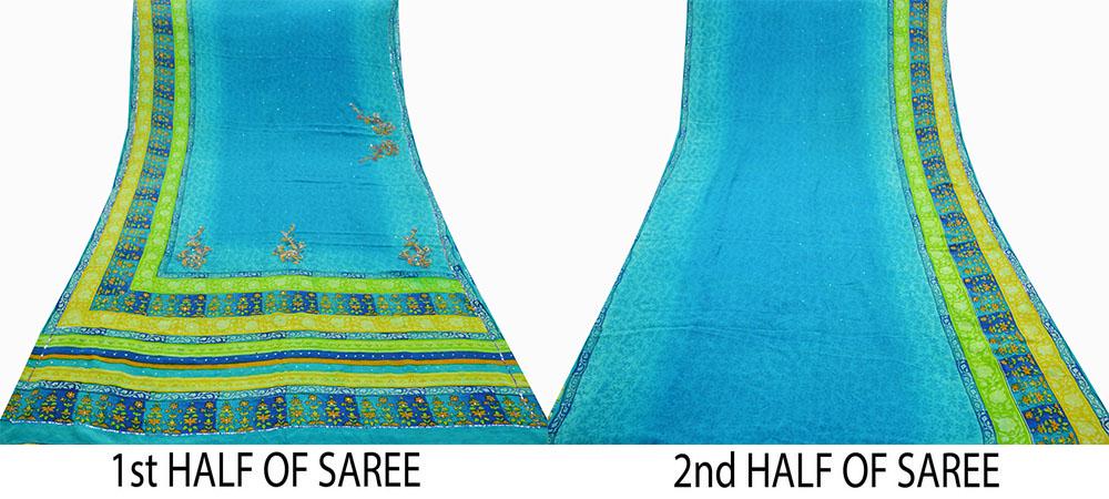 Indian Vintage Sari Blue Pure Crepe Silk Hand Embroidered Saree 5yd Sewing Floral Craft Fabric Sequins Dress making Crafting Quilting