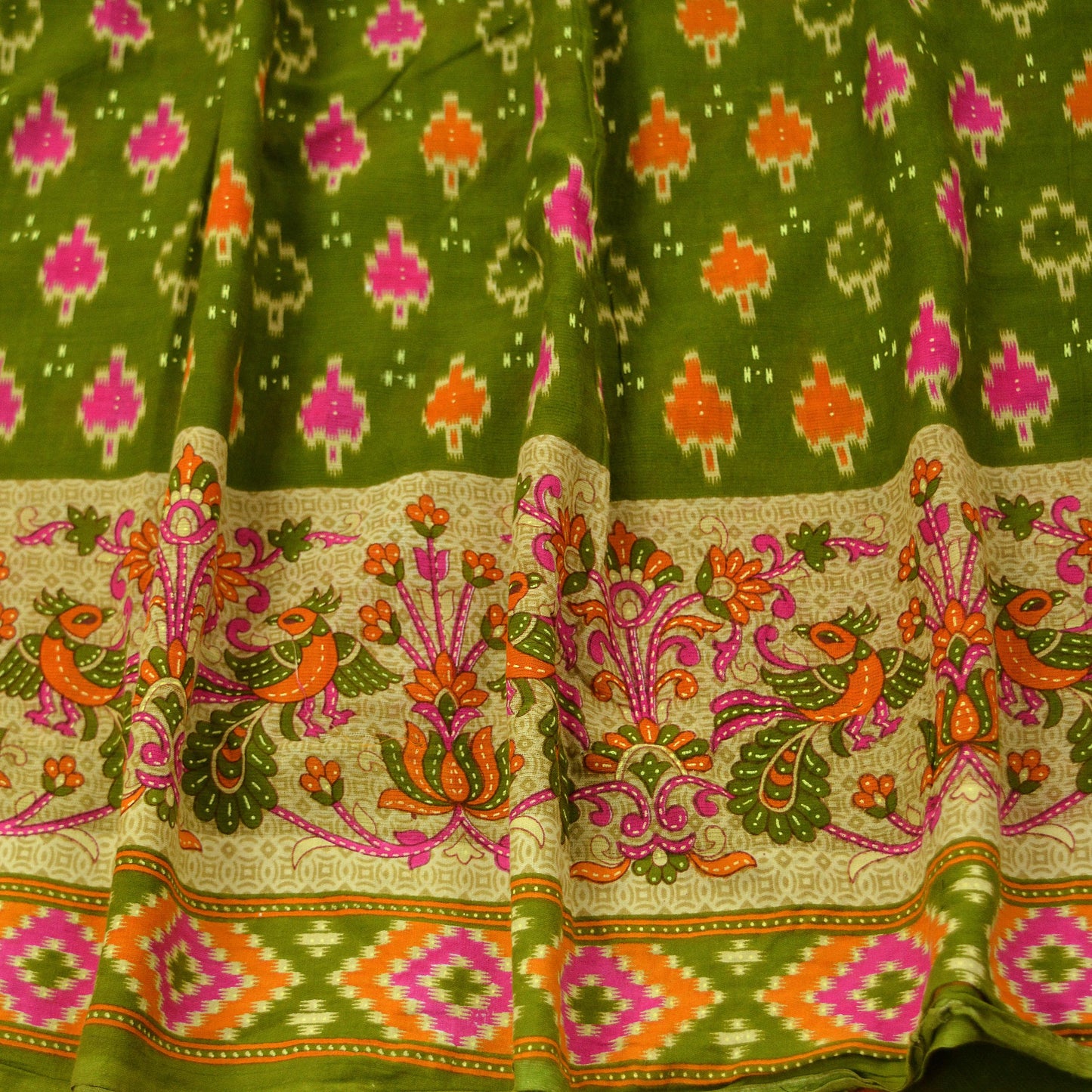 Indian Vintage Green Saree Printed Pure Cotton Sari Craft Fabric 5Yd Sewing Soft Sarong Wrap Boho Floral Dress Making Quilting Crafting Used