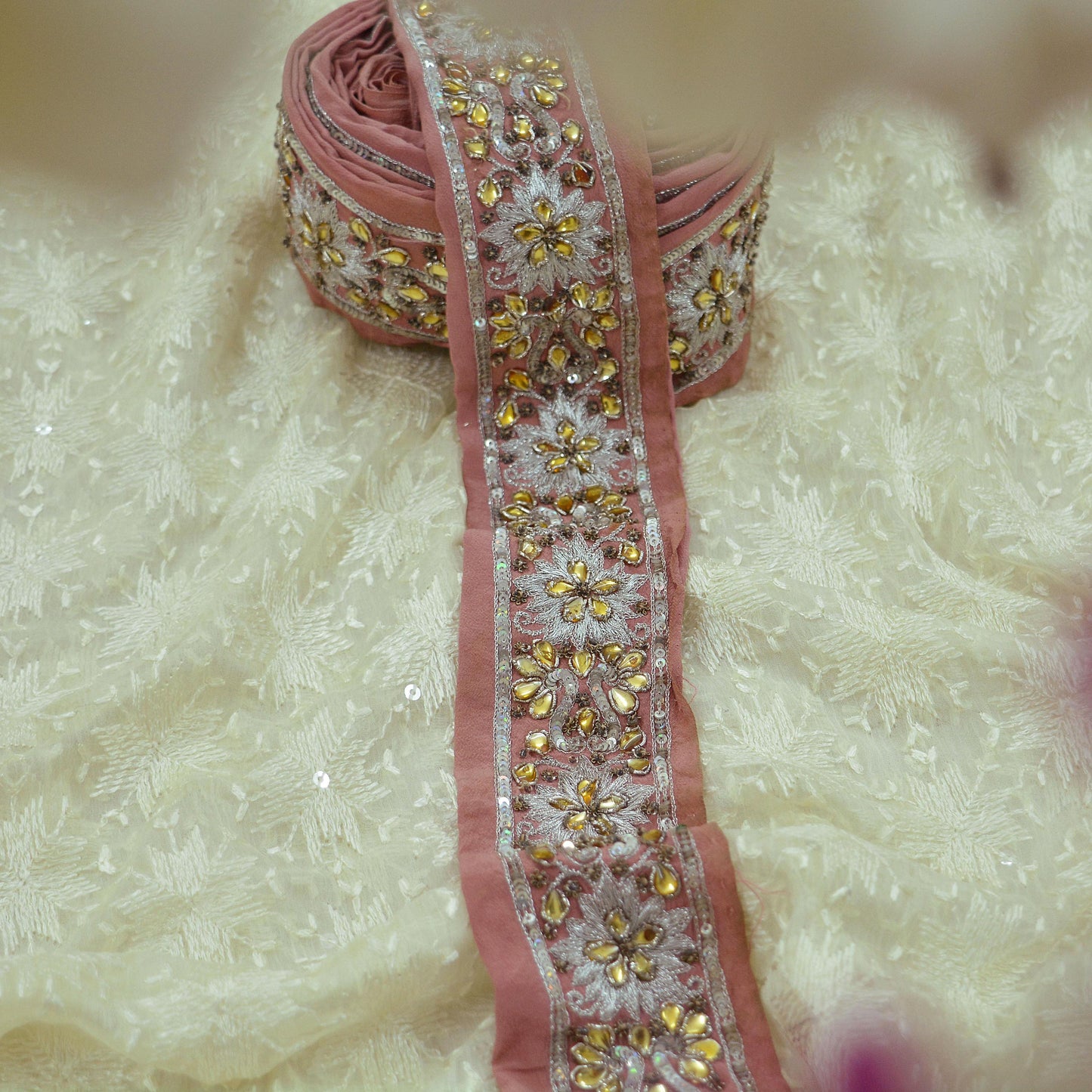 Indian Vintage Pink Sari Border Hand Embroidered Craft Trim Lace Sewing Sari Ribbon Pure Crepe silk Zardozi/Dabka Zari Dress Making Upcycle