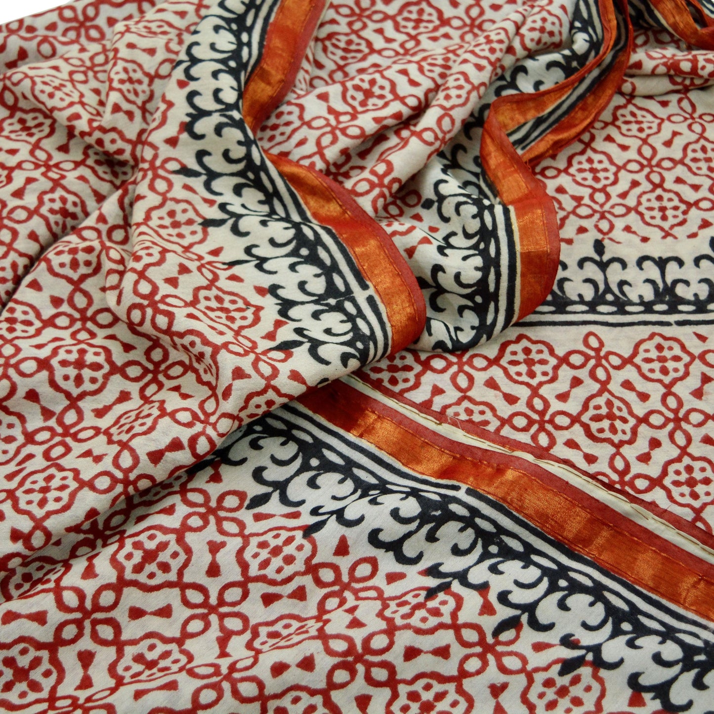 Indian Vintage Sari Cream Block Printed Sari Chanderi Cotton Saree Craft Fabric 5Yd Floral Soft Dress making Crafting