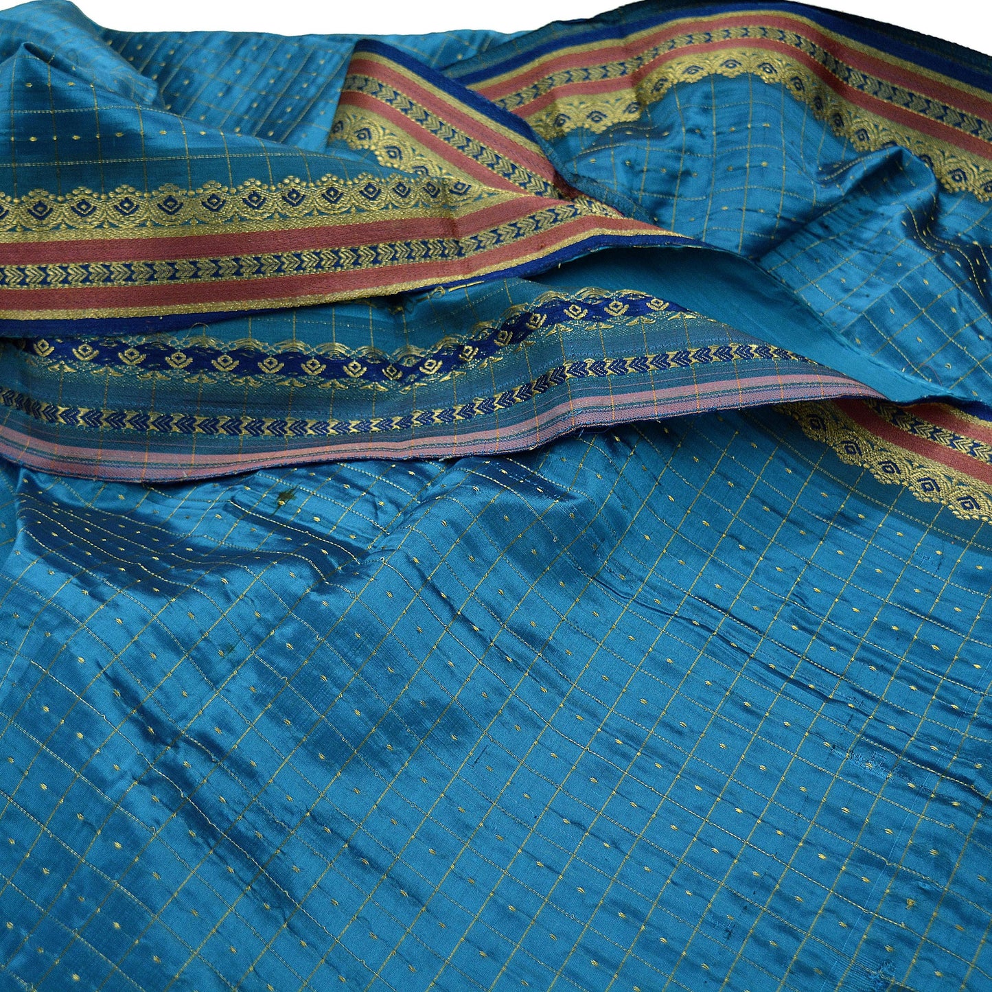 Indian Vintage Sari Blue Mysore Silk Woven Sarees Craft Fabric 5Yd Ethnic South silk Dress Making Crafting Upcycle Quilting Zari Border