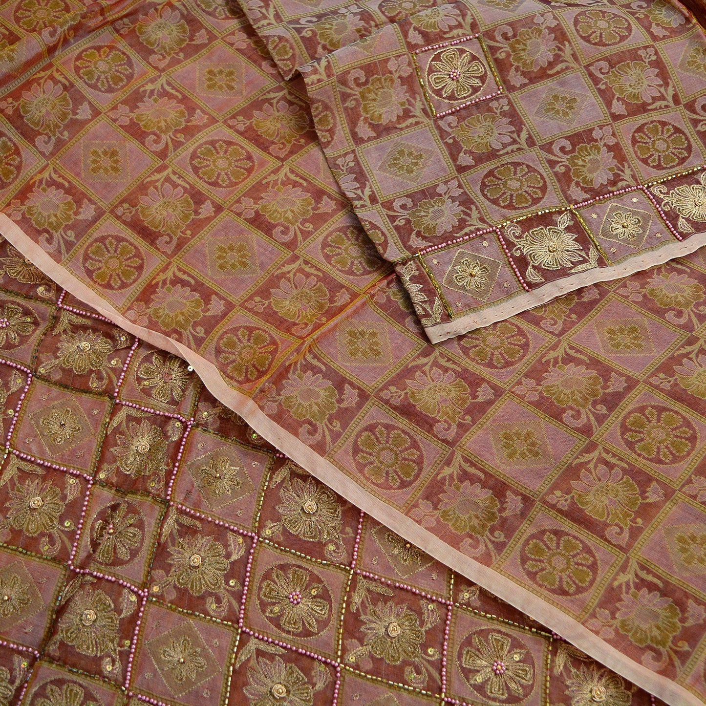 Indian Vintage Sari Brown Hand Embroidered Saree Pure Organza Silk Fabric 5Yd Ethnic Dress Making Crafting Quilting Zardozi/ Dabka