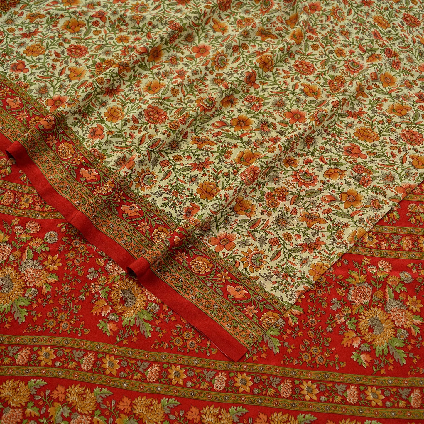 Indian Vintage Sari Red & Beige Pure Crepe Silk Printed Sarees 5yd Sewing Craft Fabric Floral Soft Wrap Dress making Upcycle Quilting