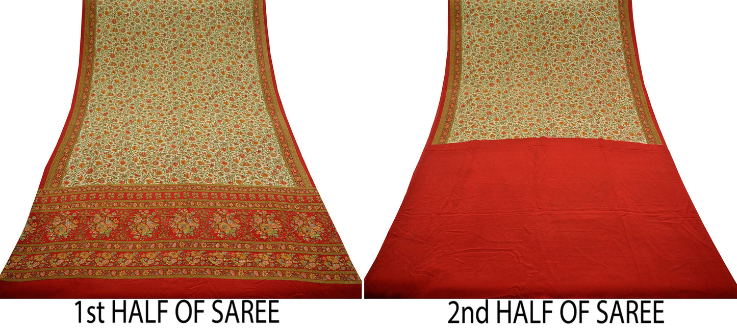 Indian Vintage Sari Red & Beige Pure Crepe Silk Printed Sarees 5yd Sewing Craft Fabric Floral Soft Wrap Dress making Upcycle Quilting