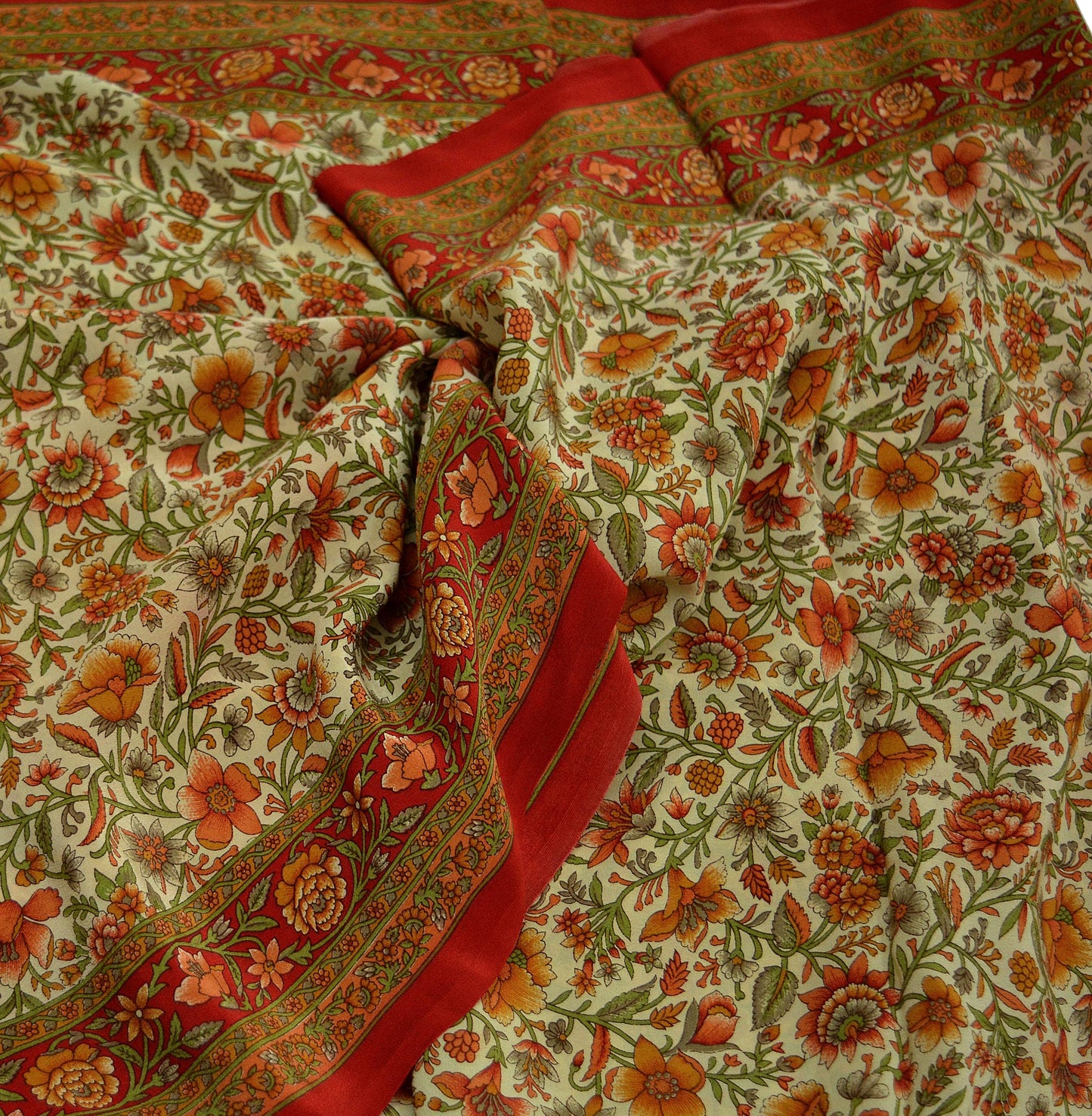 Indian Vintage Sari Red & Beige Pure Crepe Silk Printed Sarees 5yd Sewing Craft Fabric Floral Soft Wrap Dress making Upcycle Quilting