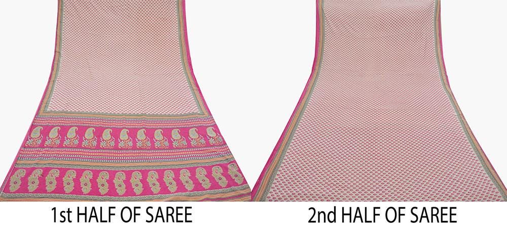 Indian Vintage Sari Ivory & Pink Printed Blend Cotton Saree Craft Fabric 5Yd Soft Sewing Sarong Wrap Boho Floral Dress making Crafting