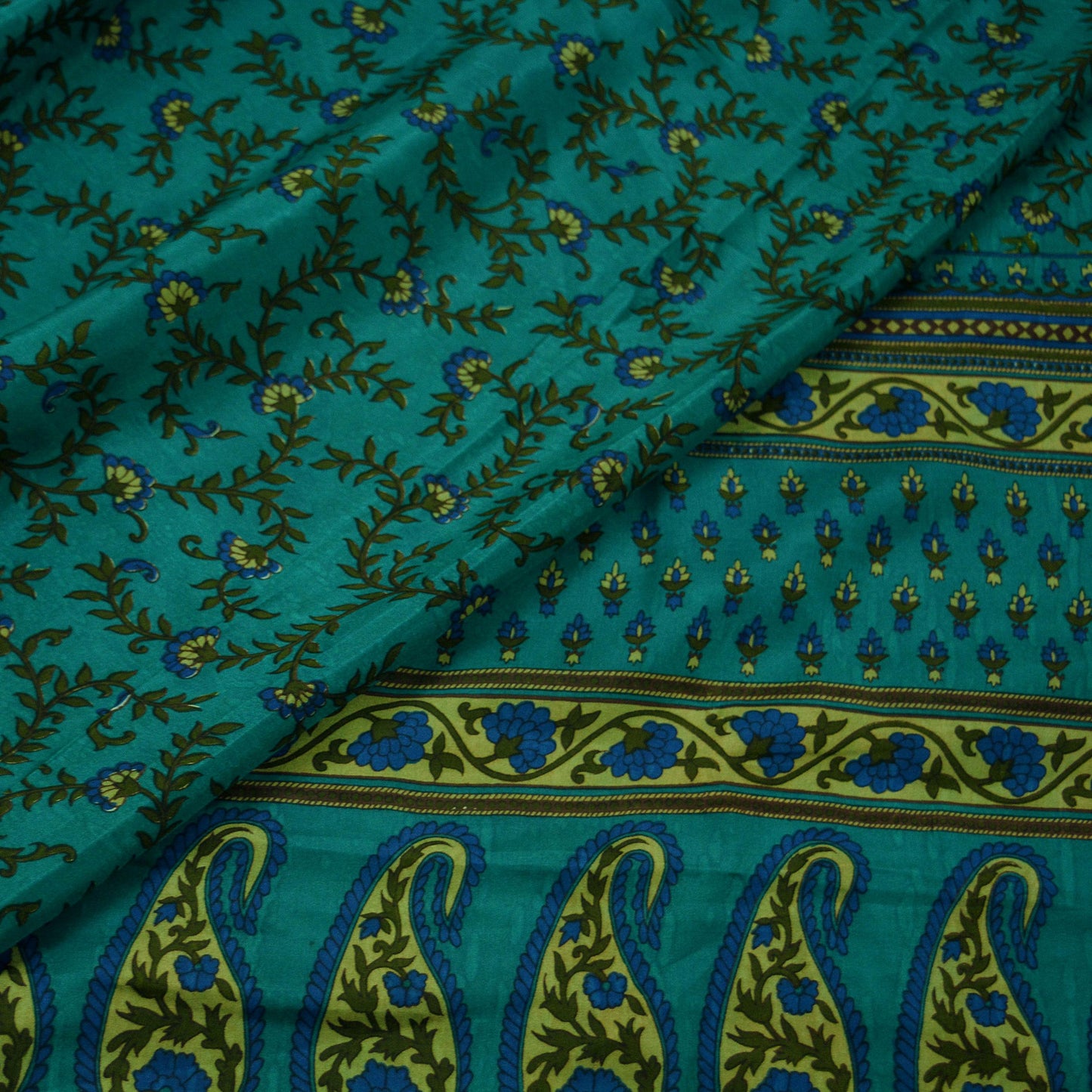 Indian Vintage Sari Green Pure Silk Printed Sarees 5yd Sewing Craft Fabric Dress Making Soft Floral Wrap Upcycle Used Quilting Crafting