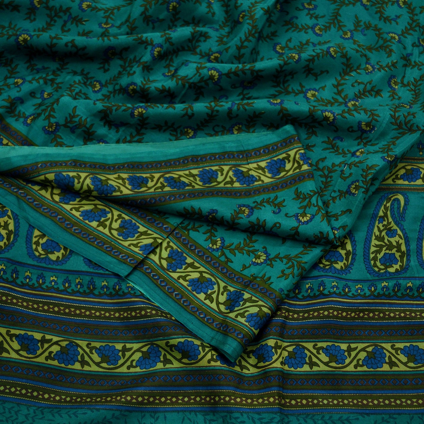 Indian Vintage Sari Green Pure Silk Printed Sarees 5yd Sewing Craft Fabric Dress Making Soft Floral Wrap Upcycle Used Quilting Crafting