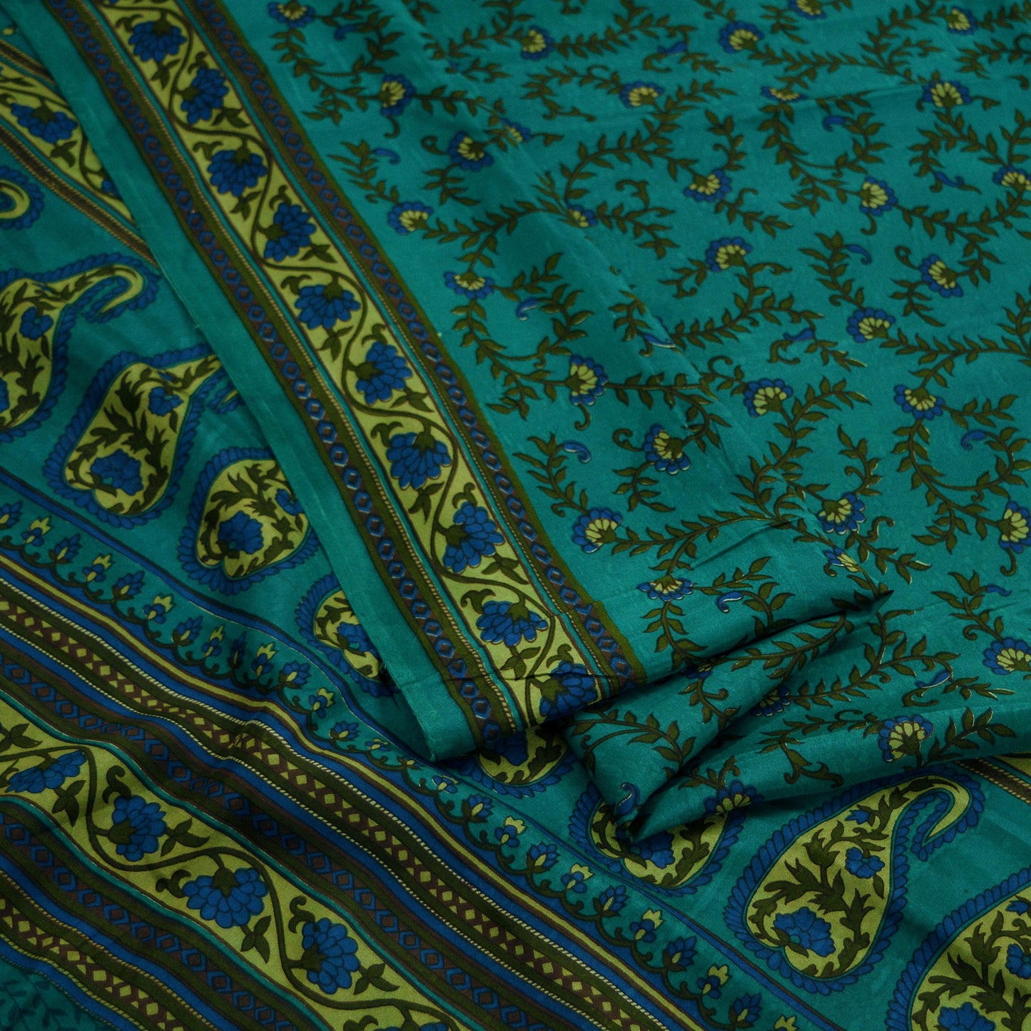 Indian Vintage Sari Green Pure Silk Printed Sarees 5yd Sewing Craft Fabric Dress Making Soft Floral Wrap Upcycle Used Quilting Crafting