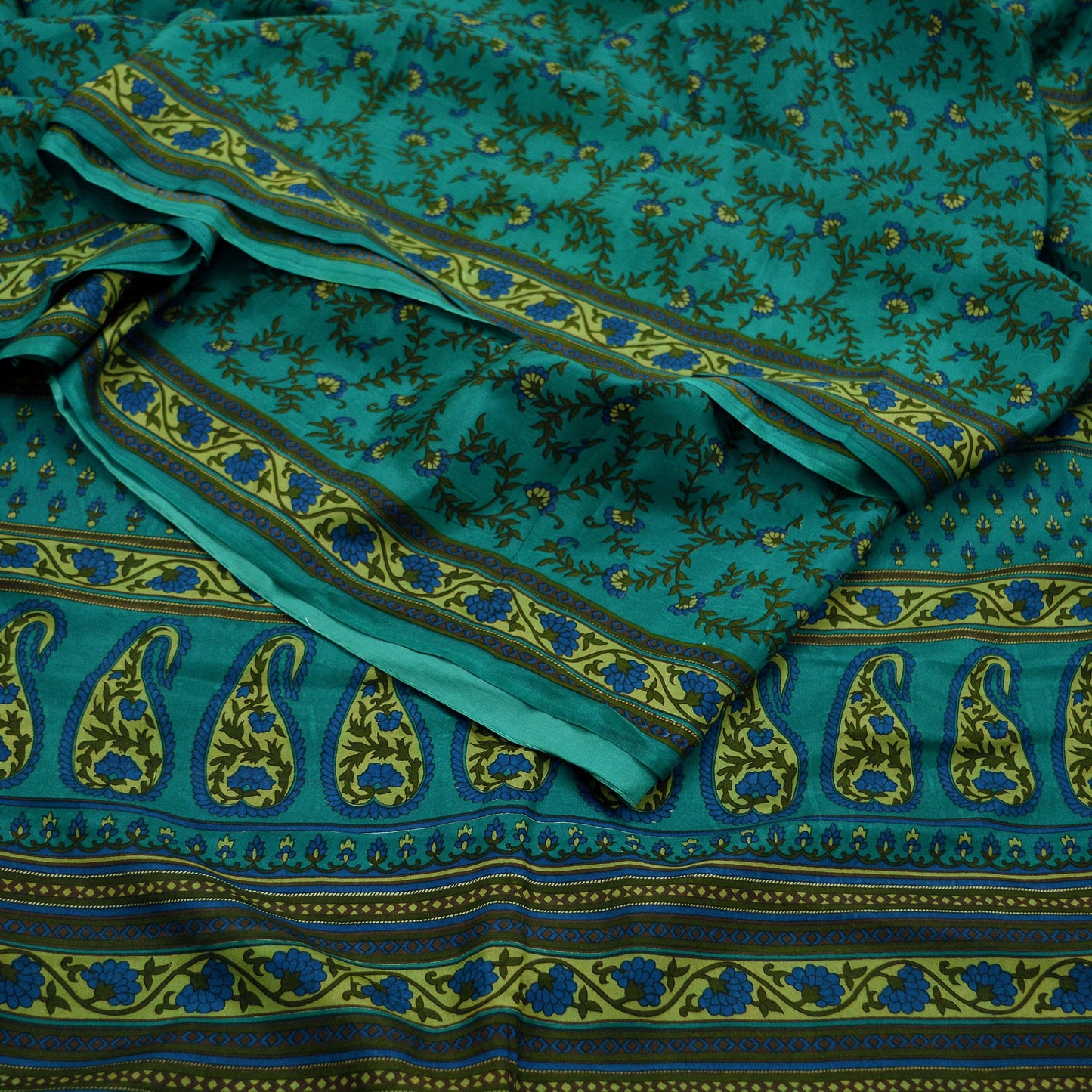 Indian Vintage Sari Green Pure Silk Printed Sarees 5yd Sewing Craft Fabric Dress Making Soft Floral Wrap Upcycle Used Quilting Crafting