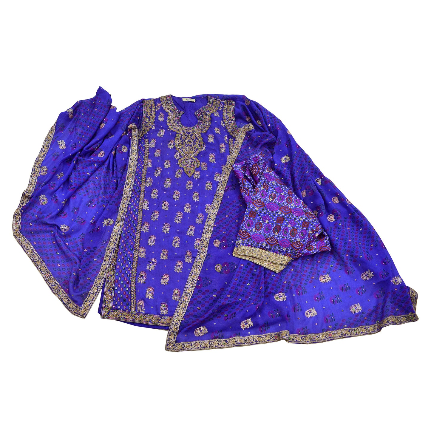 Indian Pre-owned Purple Pure Silk Hand Embroidered Ritu Kumar's Designer 3 piece Suit Set Kurta/Dupatta/Salwar Ethnic Bollywood Party Wear