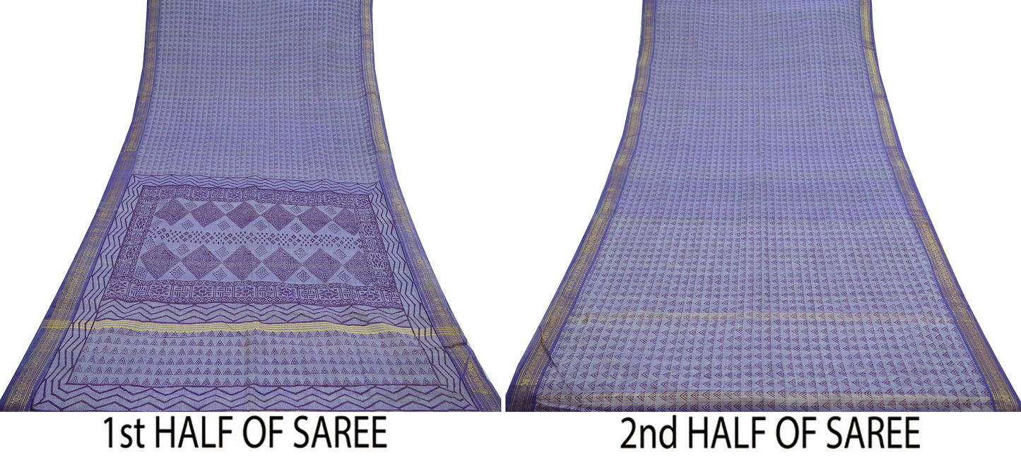 Vintage Sari Purple Pure Cotton Hand Woven Sarees Craft Fabric Zari 5Yd Sewing Soft Crafting Dress making Upcycle Quilting Zigzag