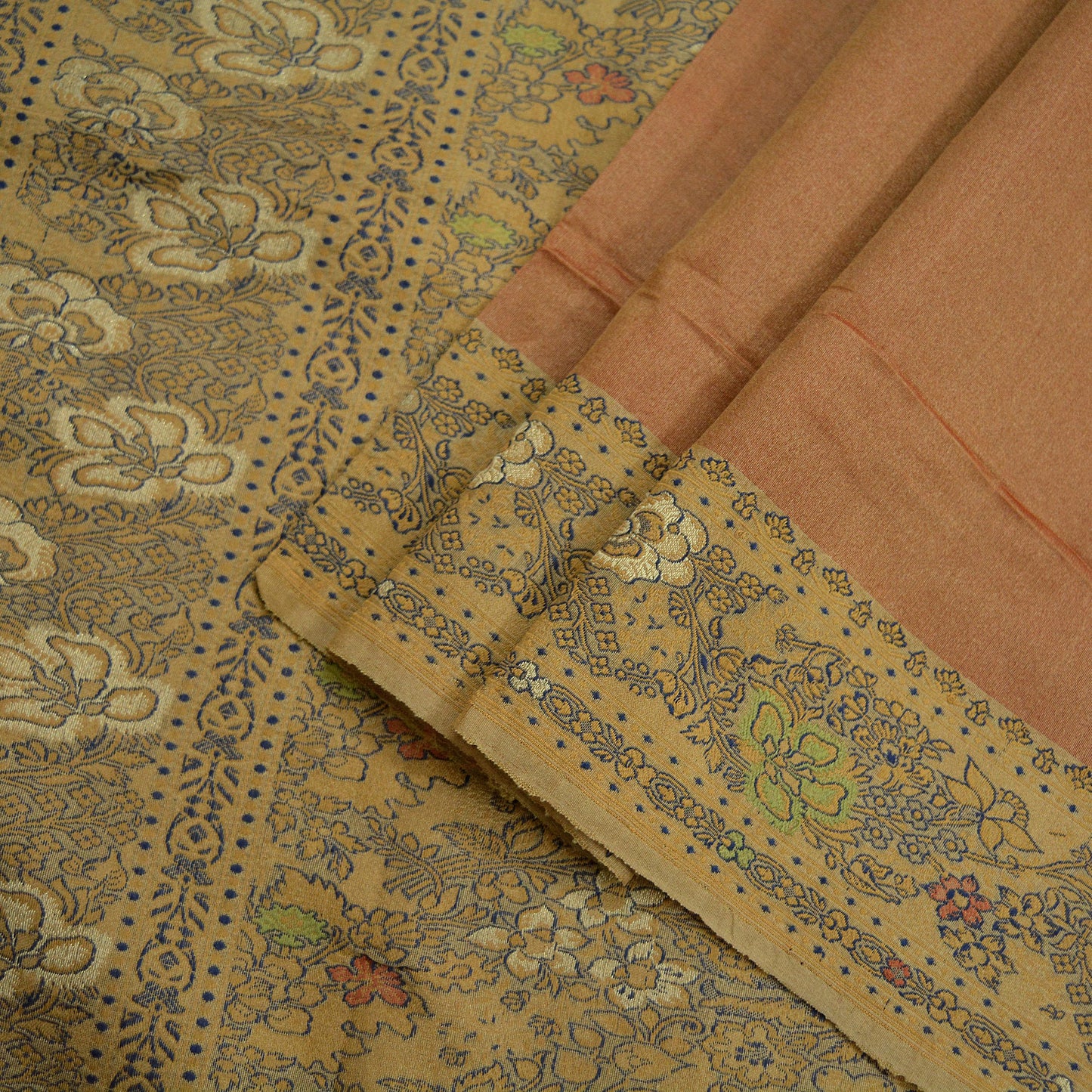 Indian Vintage Sarees Rusty & Beige 100% Pure Silk Hand Woven Sari Craft Fabric 5Yd Ethnic Floral Zari Dress making Crafting Upcycle