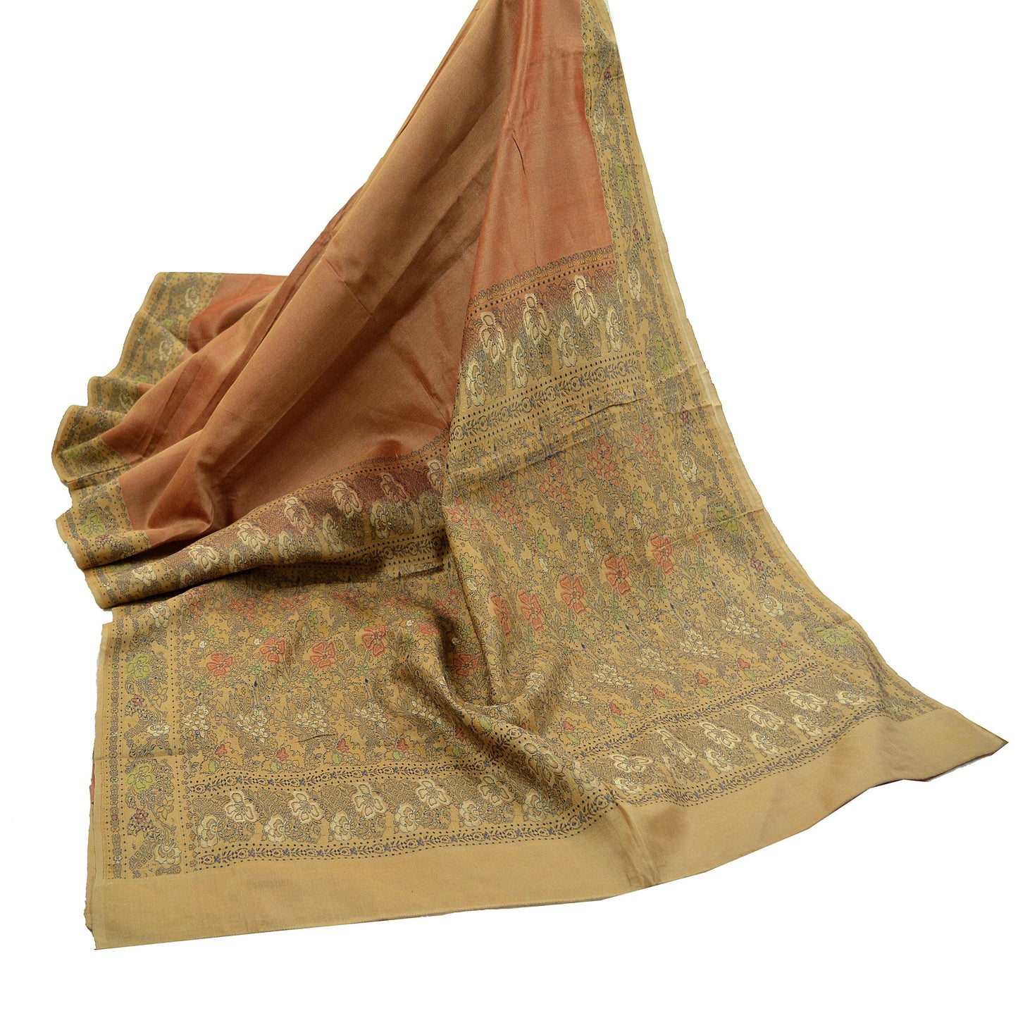Indian Vintage Sarees Rusty & Beige 100% Pure Silk Hand Woven Sari Craft Fabric 5Yd Ethnic Floral Zari Dress making Crafting Upcycle