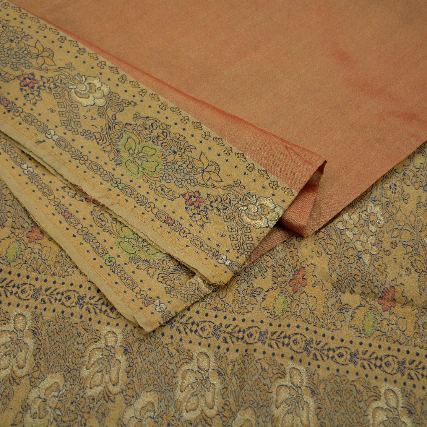 Indian Vintage Sarees Rusty & Beige 100% Pure Silk Hand Woven Sari Craft Fabric 5Yd Ethnic Floral Zari Dress making Crafting Upcycle