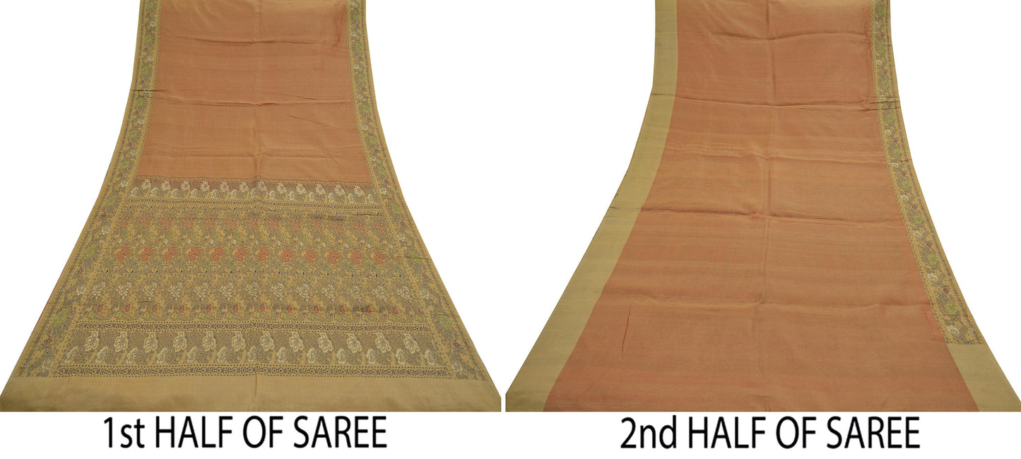 Indian Vintage Sarees Rusty & Beige 100% Pure Silk Hand Woven Sari Craft Fabric 5Yd Ethnic Floral Zari Dress making Crafting Upcycle