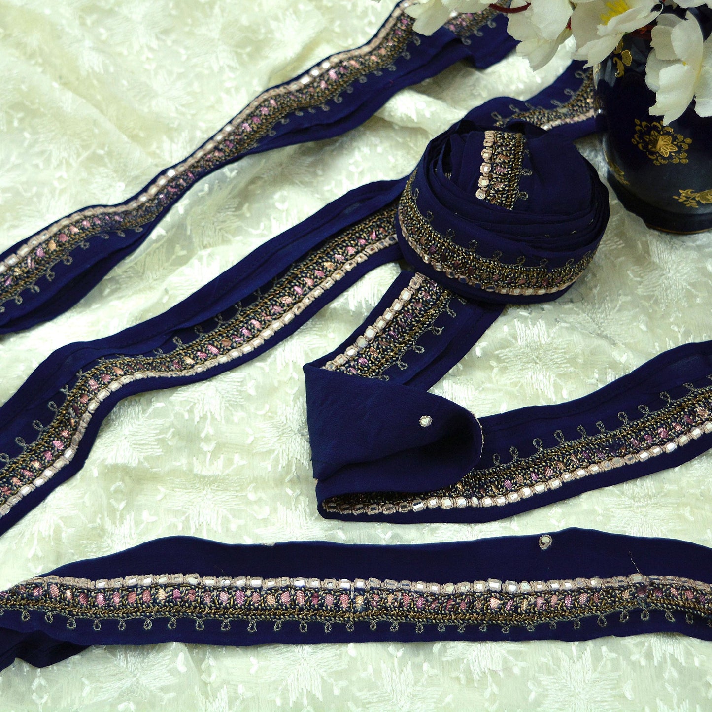 Indian Vintage Deep Blue Saree Border Hand Embroidered Gota Patti Indian Craft Trim Lace Sewing Sari Ribbon Pure Crepe silk Zardozi/Dabka
